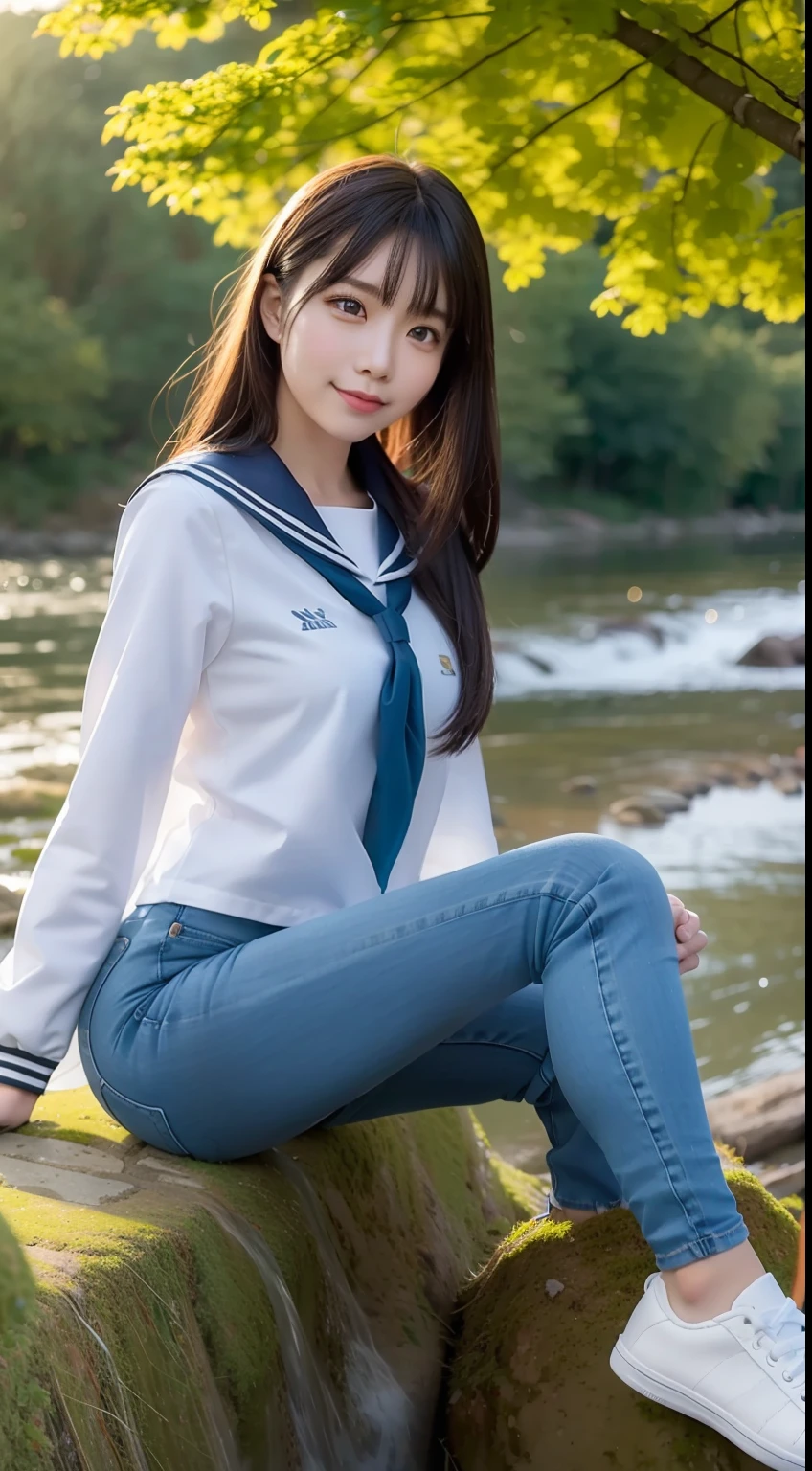 a pregirl,horse tailed,ssmile, looking at viewert, sailor uniformm,skintight jeans, athletic sneakers,photore, realisticlying, Best quality at best, employee, 详细的脸, Sitting on a tall mossy rock by the river in the middle of the woods, diffuselighting, depth of fields, Background bokeh