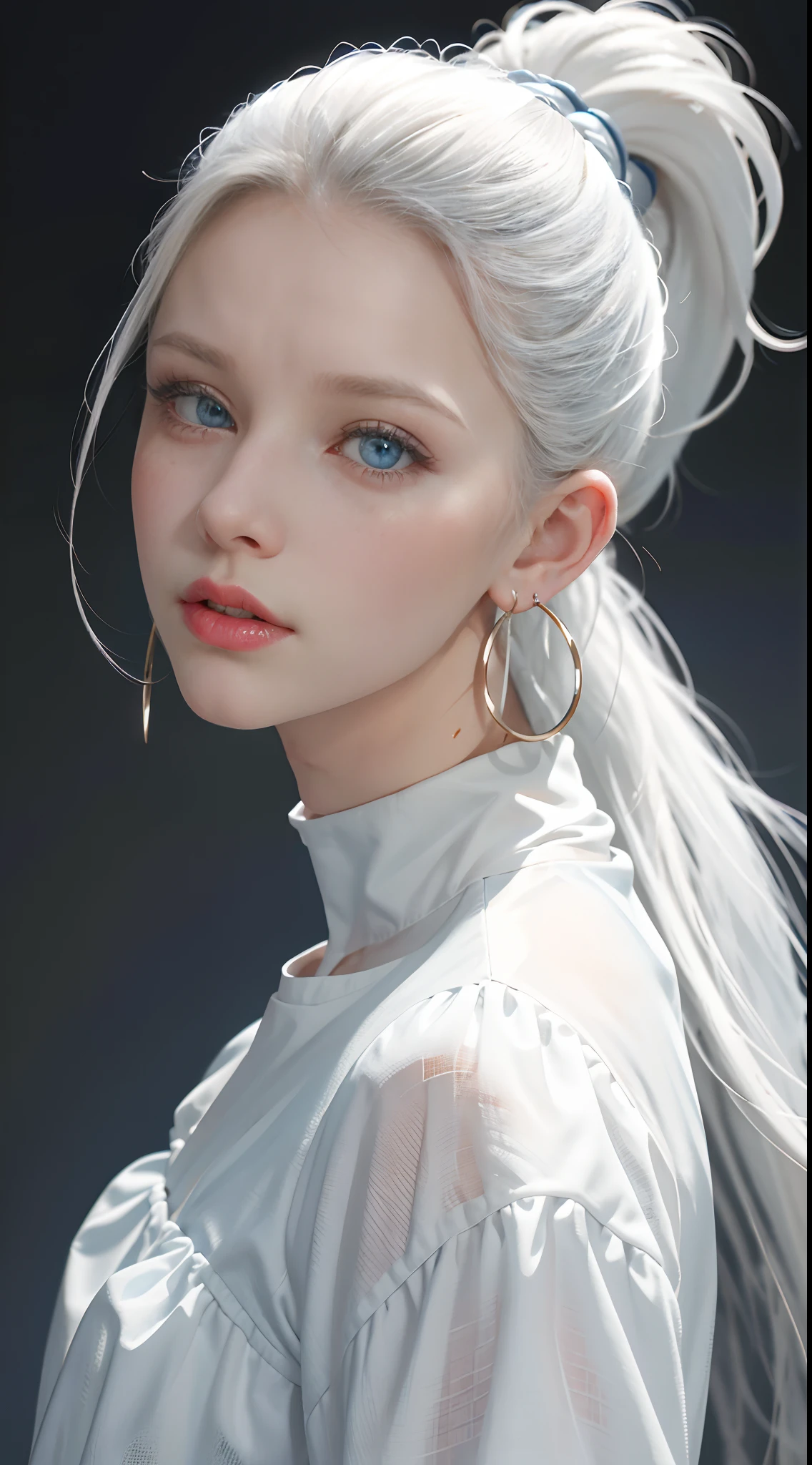 best quality, absurdres,masterpiece,[white|red] hair, Ponytail,blue eyes,white clothes, upper body,close-up,profile,sideways glance,Delicate facial features,simple background,adjusting hair,head tilt,hoop earrings,looking at viewer,looking back,crying with eyes open,sad,