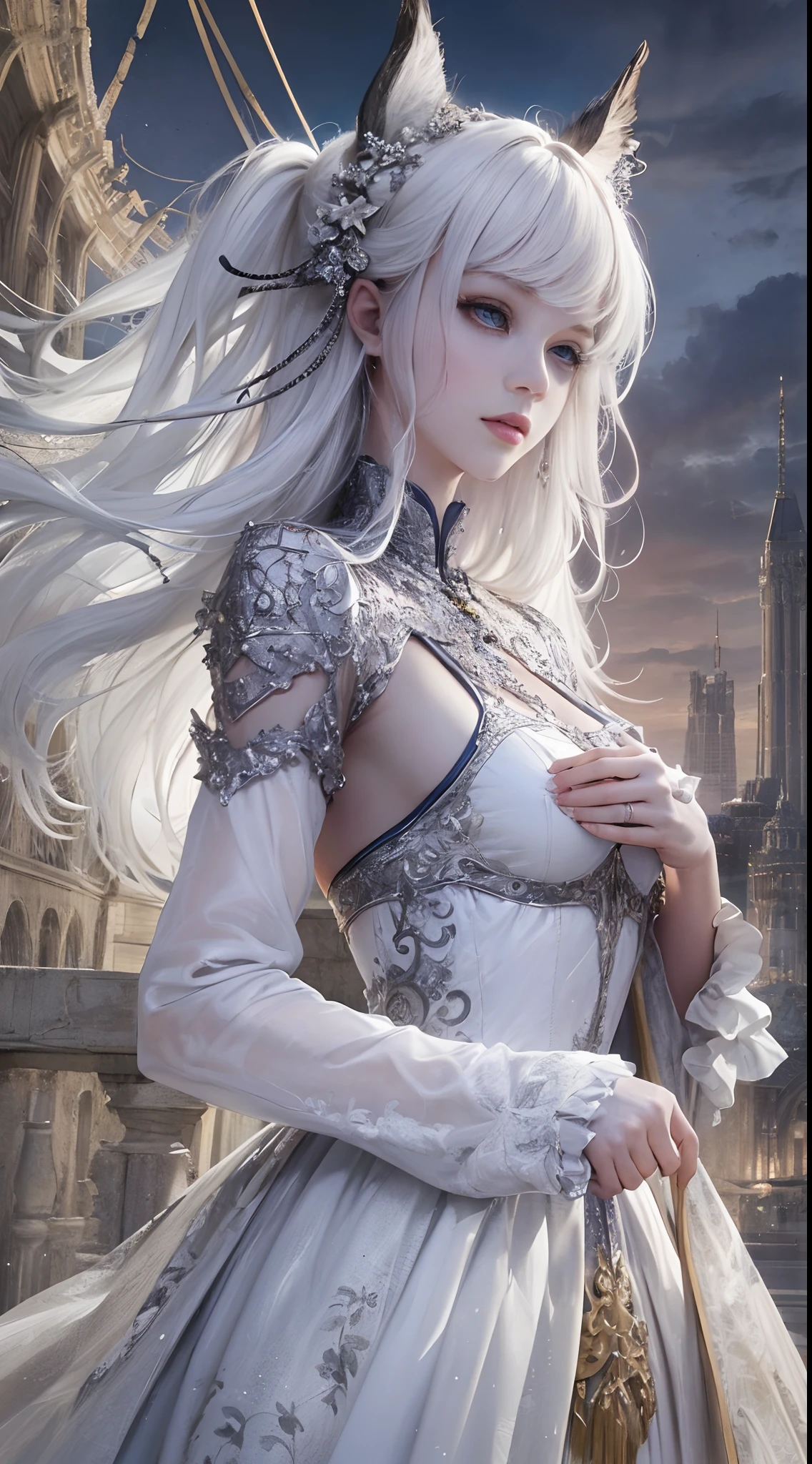 (very detailed CG unity 8k wallpaper, masterpiece, best quality), best illumination, insanely beautiful, floating, girl in white wuxia suits, blue eyes, multicolor hair (silver: 1.3 + red: 1.2 + purple + yellow: 1.3 + green: 1.3), beautiful face, too many drops of water, clouds, twilight, wide angle, watercolor.