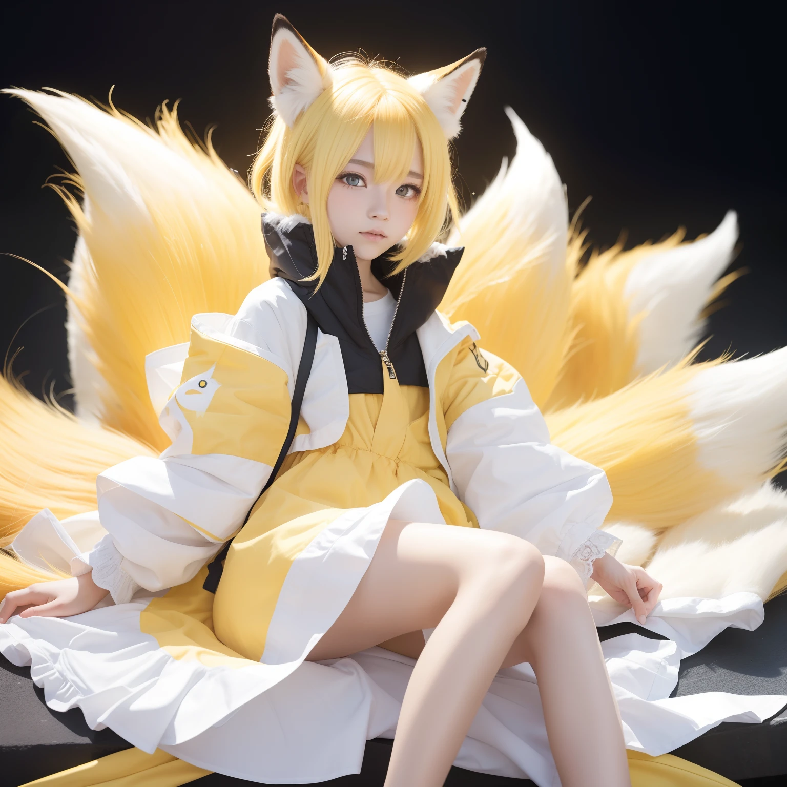 Light yellow hair,It has yellow fox ears and a fox tail,Yellow pupils,Wear yellow and white clothes