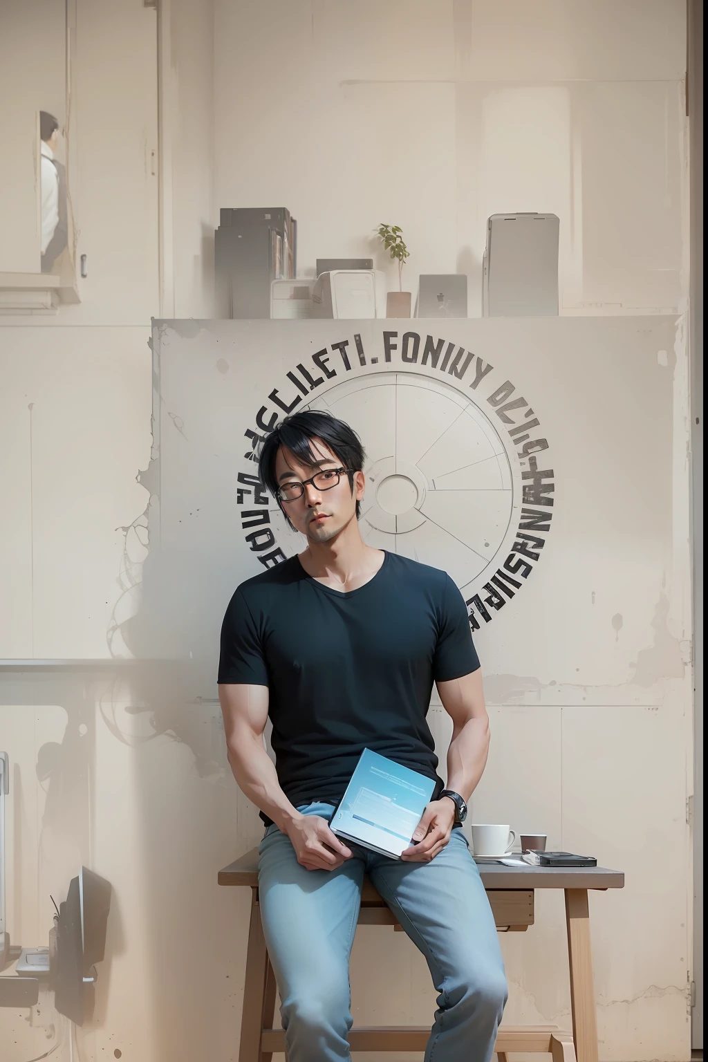 A handsome 35-year-old Asian man, Dressed in casual attire，wears glasses，The upper part of the body，Sit at your desk，gentlesoftlighting，tmasterpiece，best qualtiy，8K  UHD，digital SLR camera，filmgrain，Midjourney and greg rutkowski's Fujifilm XT3 realistic painting art