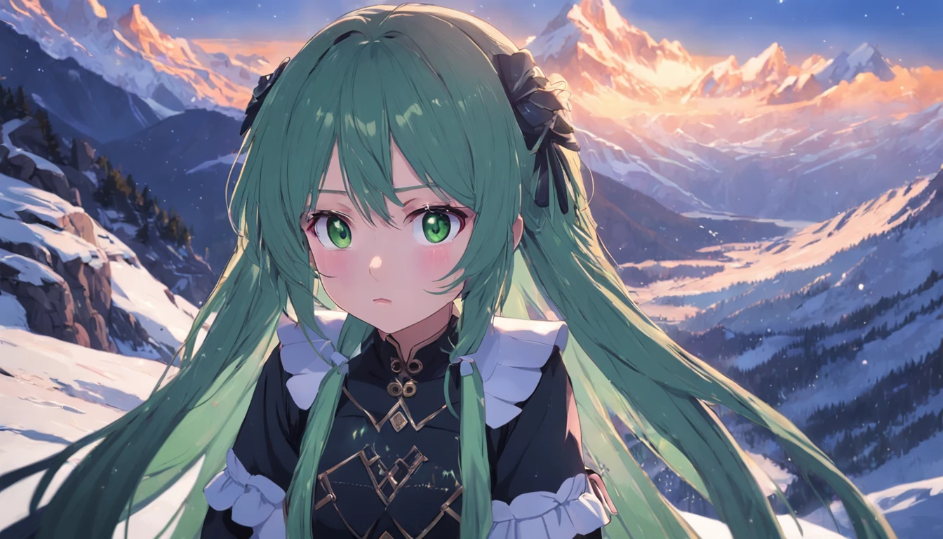 Make it anime,(tmasterpiece,top Quority,top-quality,offcial art,Beauty and aesthetics:1.2),The is very detailed,best detail,(Snowy mountains in the background:1.5),(One girl),There is a small,(Green hair,Only coarse braids,,,,,,:1.7),(Shining eyes),(Enchanted),(Black maid outfit),Lighting on the face,whaite hair