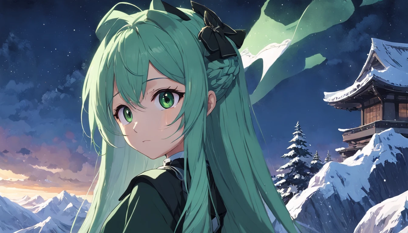 Make it anime,(tmasterpiece,top Quority,top-quality,offcial art,Beauty and aesthetics:1.2),The is very detailed,best detail,(Snowy mountains in the background:1.5),(One girl),There is a small,(Green hair,Only coarse braids,,,,,,:1.7),(Shining eyes),(Enchanted),(Black maid outfit),Lighting on the face,whaite hair