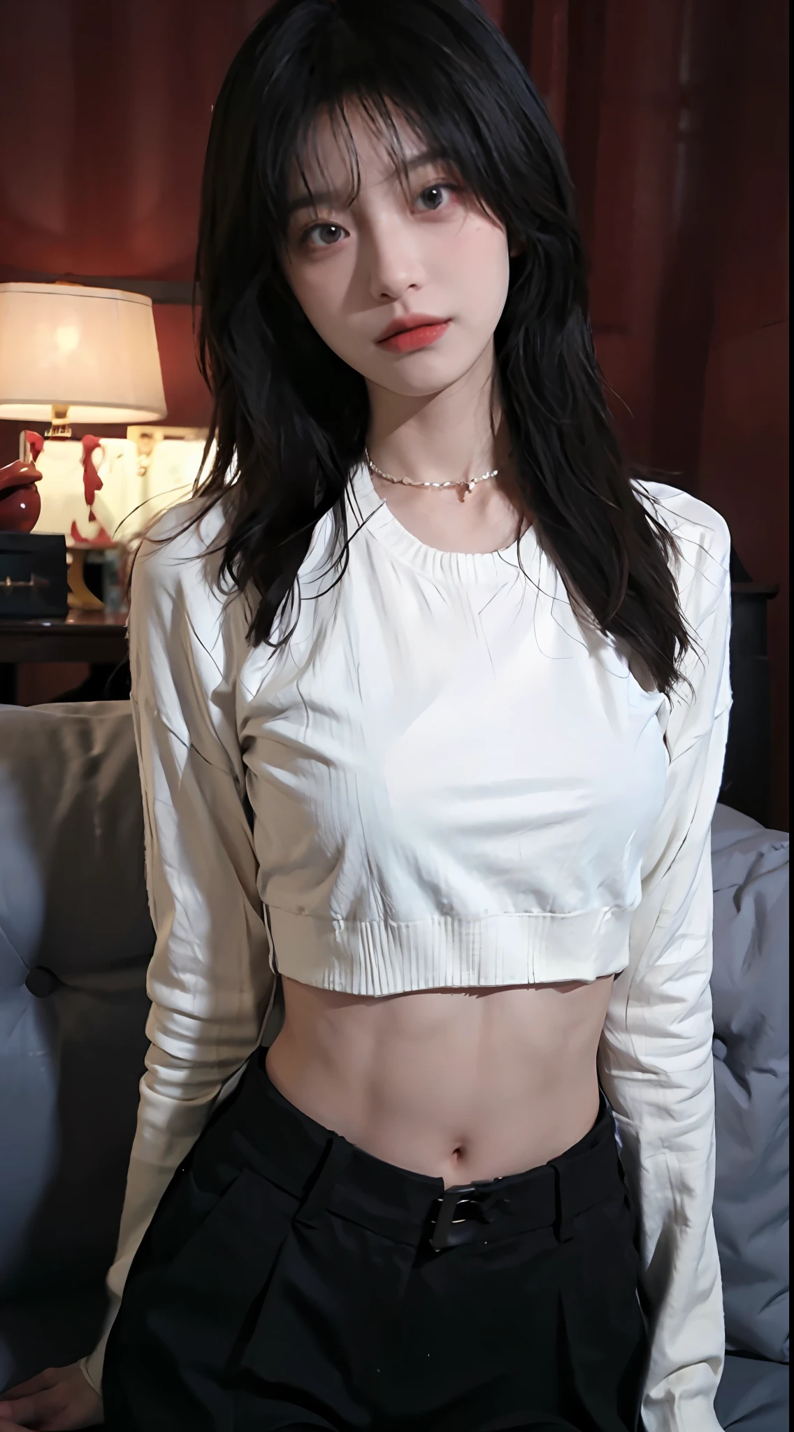 best qualtiy, 超高分辨率, (realisticlying:1.4),cute hairpin,1girll,Cropped black sweater ,Plain photo,head straight-looking at viewer,Full of atmosphere,Beautiful woman with a slim figure:1.4, Abs:1.1, 浴室,Ultra-fine face,Elaborate Eyes,二重まぶた,choker necklace