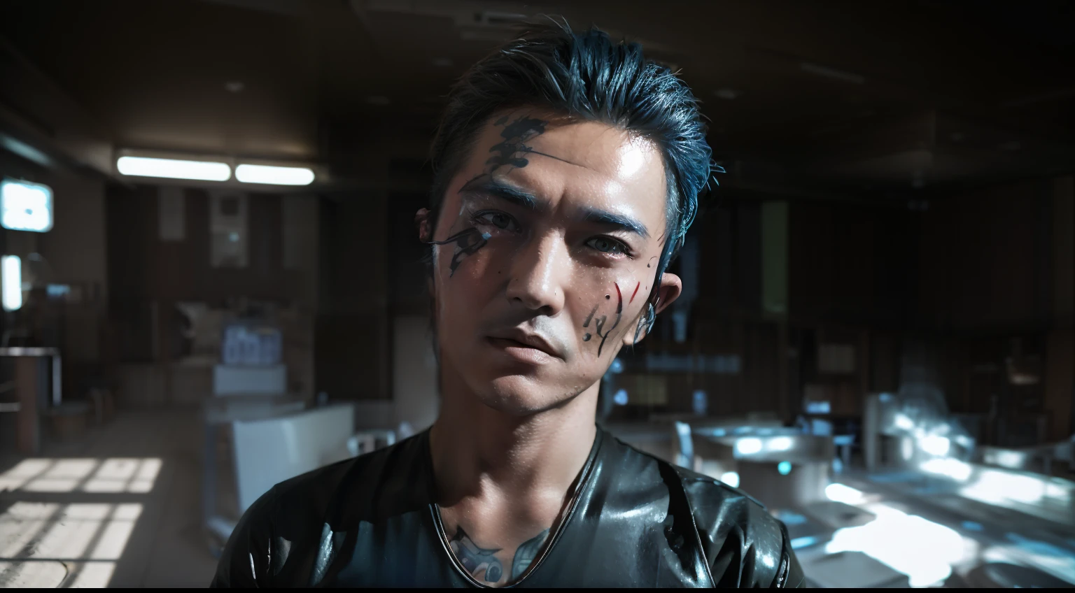 Change background cyberpunk handsome, Futuristic depiction of a perfectly tattooed man with high-tech mechanical prosthetics