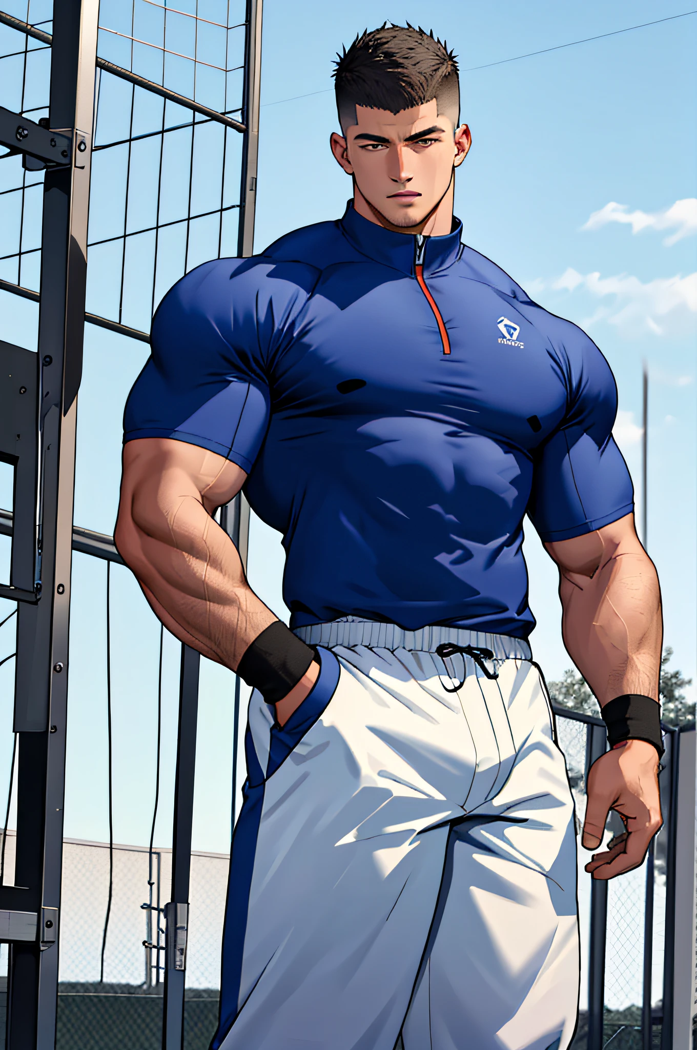 A handsome, muscular young man with big muscles, short black hair, an Adidas shirt, and tight navy blue shorts.