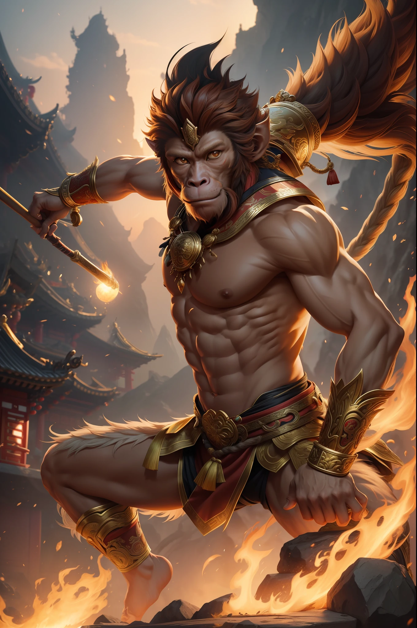 Wukong, chinese monkey warrior of chinise mythology, warrior monkey in a dynamic pose, sun wukong, intricated details, detailed details, golden hour, fire details, amazing artwork, stunning masterpiece, rendered in high-resolution CG with impeccable attention to detail, unrel engine, 8k