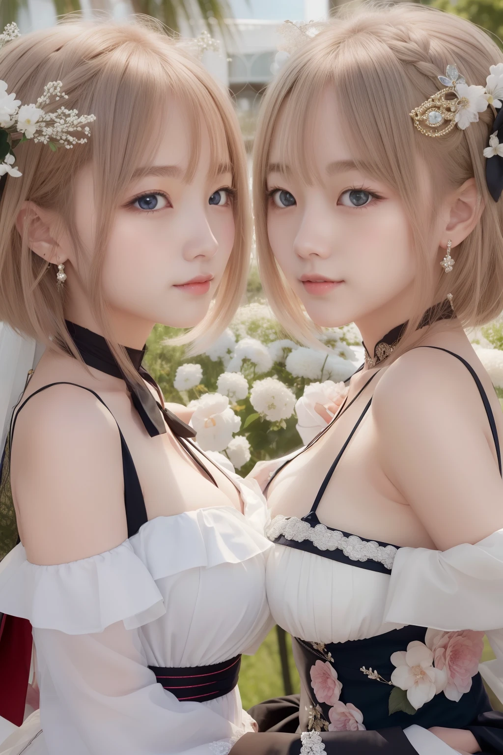 , loving expression, blushing, blue eyes, cleavage, beautiful asian young girl,attractive pose, asian girl, best quality, masterpiece, high_res, 1girl, hair ornament, upon body, photo realistic, (high detailed skin:1.2), 8k uhd, dslr, soft lighting, high quality, volumetric lighting, candid, Photograph, high resolution, 4k, 8k, blonde hair, fluffy chest,  in dress , huge breast, twin young girls, asymmetrical docking,off shoulder wedding dress, black dresses twin girls, (sfw:1.2), no bra,