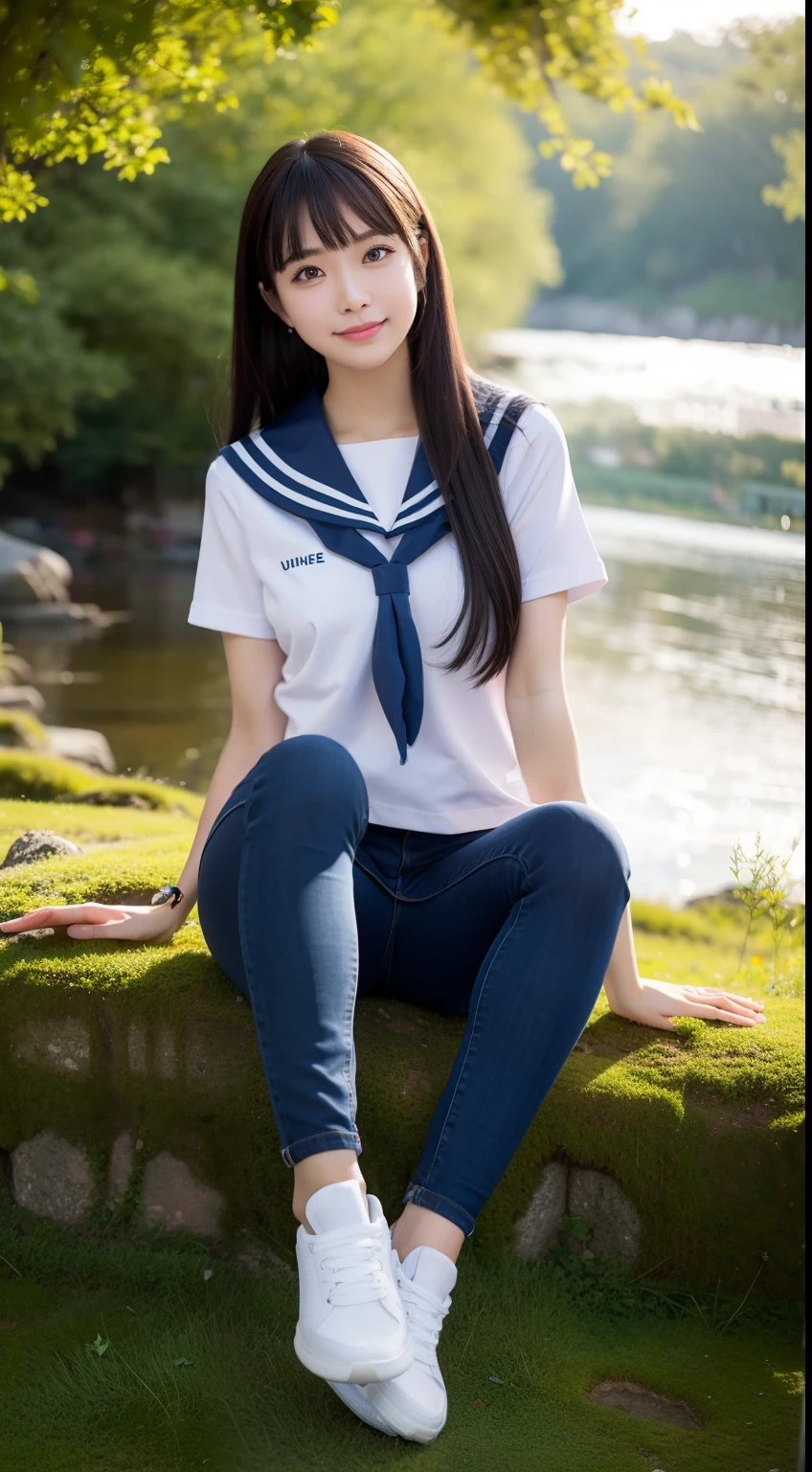 a pregirl,horse tailed,ssmile, looking at viewert, sailor uniformm,skintight jeans, athletic sneakers,photore, realisticlying, Best quality at best, employee, 详细的脸, Sitting on a tall mossy rock by the river in the middle of the woods, diffuselighting, depth of fields, Background bokeh