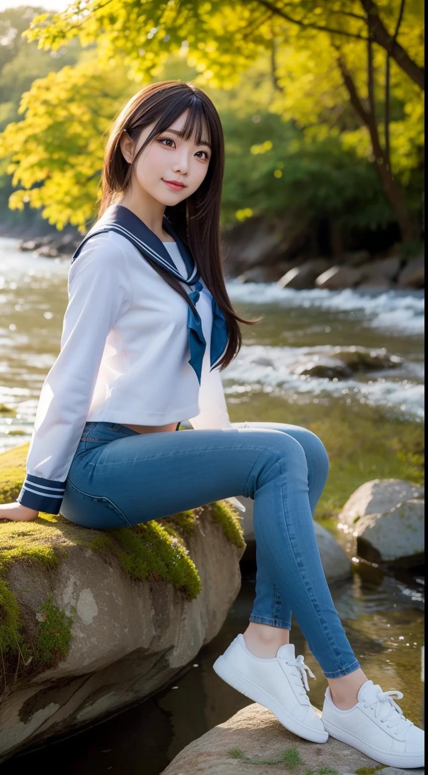 a pregirl,horse tailed,ssmile, looking at viewert, sailor uniformm,skintight jeans, athletic sneakers,photore, realisticlying, Best quality at best, employee, 详细的脸, Sitting on a tall mossy rock by the river in the middle of the woods, diffuselighting, depth of fields, Background bokeh