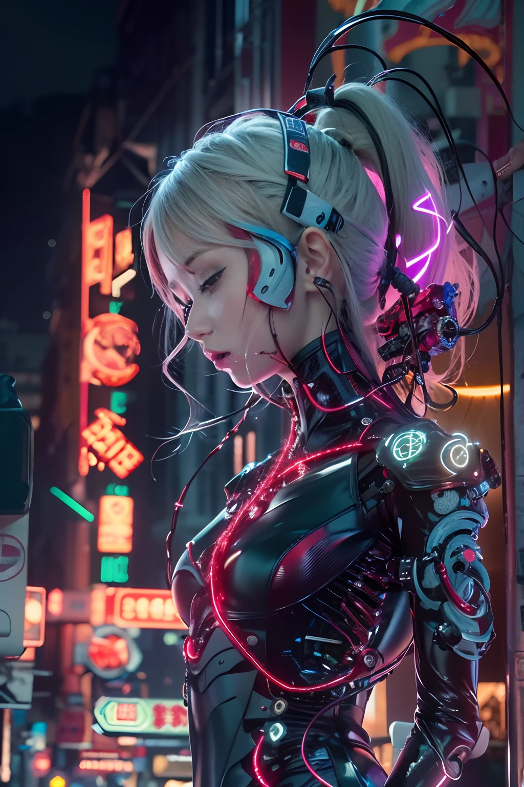 of the highest quality, masutepiece, 超高分辨率, ((Photorealistic: 1.4), RAW photo, 1 girl, Black hair, Glossy glossy skin, 1 mechanical girl, (Super realistic details)), Cinematic lighting, Deep shadows, Octane rendering, 8K, ultrasharp, The kinky is exposed, metal, Intricate Ornament Details, egypician detail, highly intricate detail, Realistic light, Trends in CG, Facing the camera, neon light detail, Mechanical limbs, blood vessels attached to the tube, Mechanical vertebrae attached to the back, mechanical cervical attachment to the neck, wires and cables connecting to head, Evangelion, Luminous small light, (Dazzling cyberpunk city streets in the background).