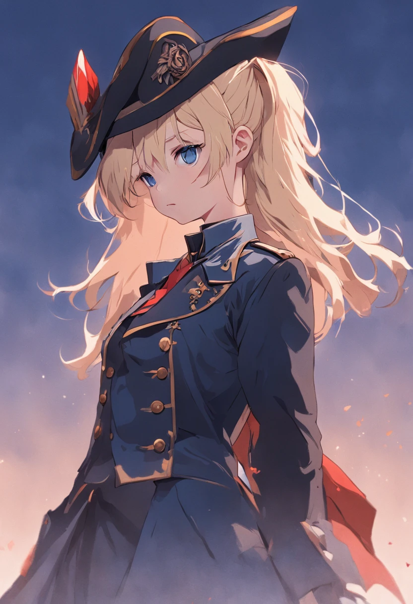 {{{tmasterpiece}}}，{{{HighestQuali}}}，{{{A high resolution}}}，{{{Highest image quality}}}，tricorn hat，Jacobins，A teenage girl，Dark blue military uniform，Republican tricolor flower coat of arms，French tricolor flower，Red, white and blue flowers，Armed with a wooden-handled rifle，holding rifle，blond hairbl，Bunched hair，pony tails，blue color eyes，Sky blue pupils，black long boots，White gloves，Stand on a hill，Stand on the land，standing on cliff，standing atop a mountain peak，