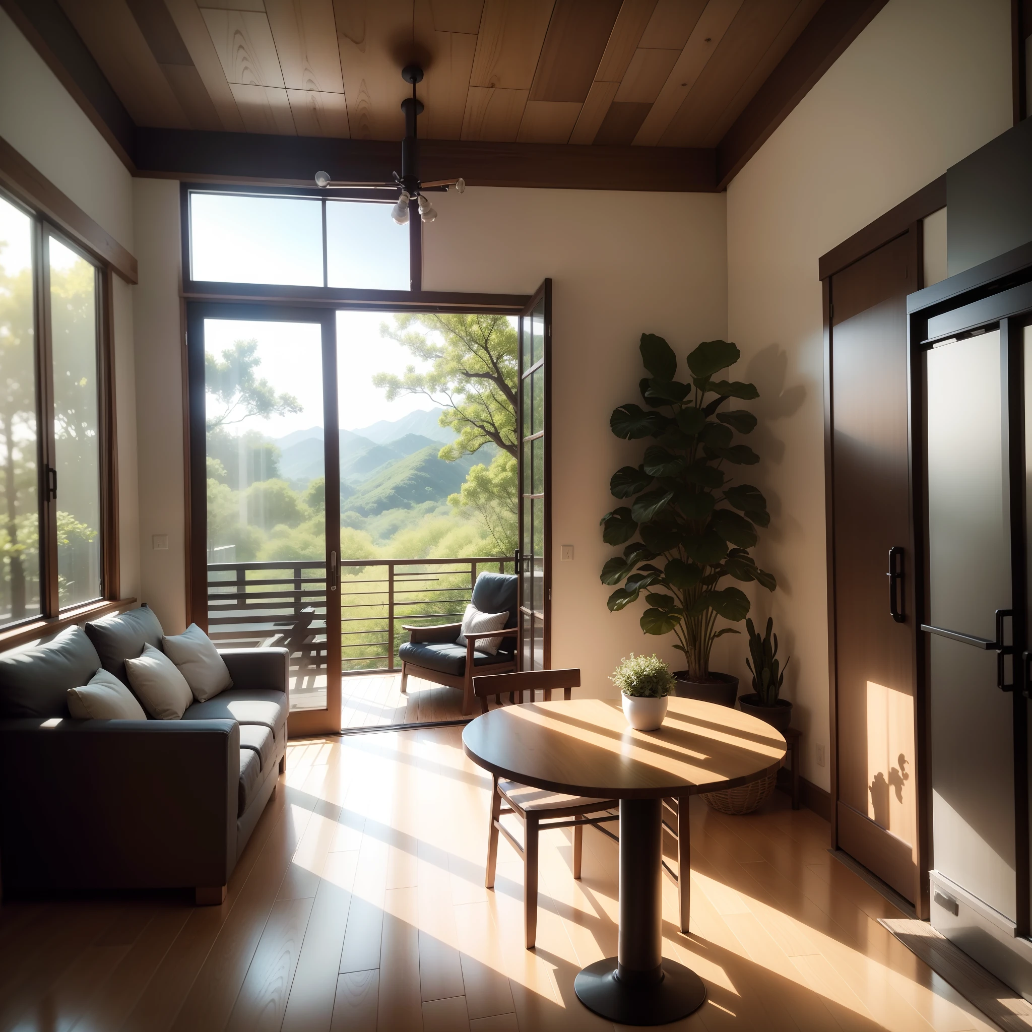 interior design、Insanely detailed wide-angle architectural photo、Cozy contemporary living room、(Bright and warm sunlight 1:0.1)、Award-winning contemporary interior design、landscapes、The table、a chair、in a house、Wooden flooring、window、resturant、east asian east asian architecture、sliding paper doors、abajour、architectural、the woods、naturey、cups、a plant、interior design、Insert lighting and shadows、depth of fields、low illuminance