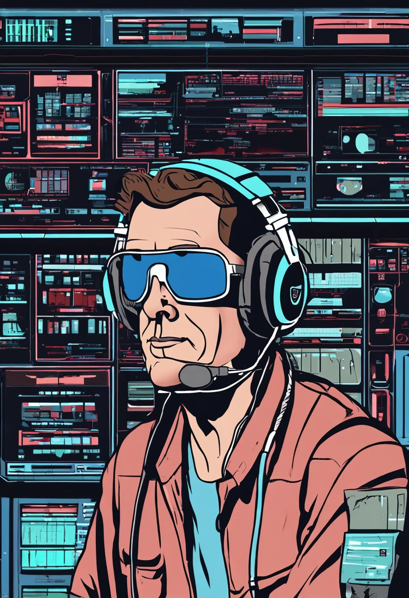 A middle-aged man wearing a headset，Face the microphone to record，45-degree half-body facing the camera，Mixing Console、Computer screen，spotlight lights，Blue gradient background。