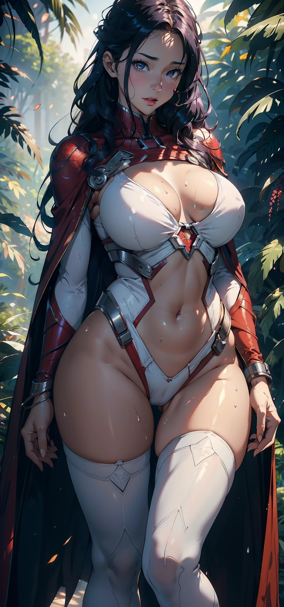 1female，25 age old，Large breasts，long leges，Big breasts Thin waist，Pornographic exposure， 独奏，（Background with：ln the forest，the rainforest，in summer） She has long purple hair，standing on your feet，Sweat profusely，drenched all over the body，seen from the front， curlies， mostly cloudy sky，（（（tmasterpiece），（Very detailed CG unity 8K wallpaper），best qualtiy，cinmatic lighting，detailed back ground，beatiful detailed eyes，Bright pupils，（Very fine and beautiful），（Beautiful and detailed eye description），ultra - detailed，tmasterpiece，）），facing at camera，A high resolution，ultra - detailed），revealing breasts，Bare genitalia， Bulge，Camel toes，Raised sexy，Flushed complexion，Open-mouthed，frontage，Steel Spider-Man（Wearing：Red cape，White Iron Man uniform，Pantyhose，shairband）nakeness，