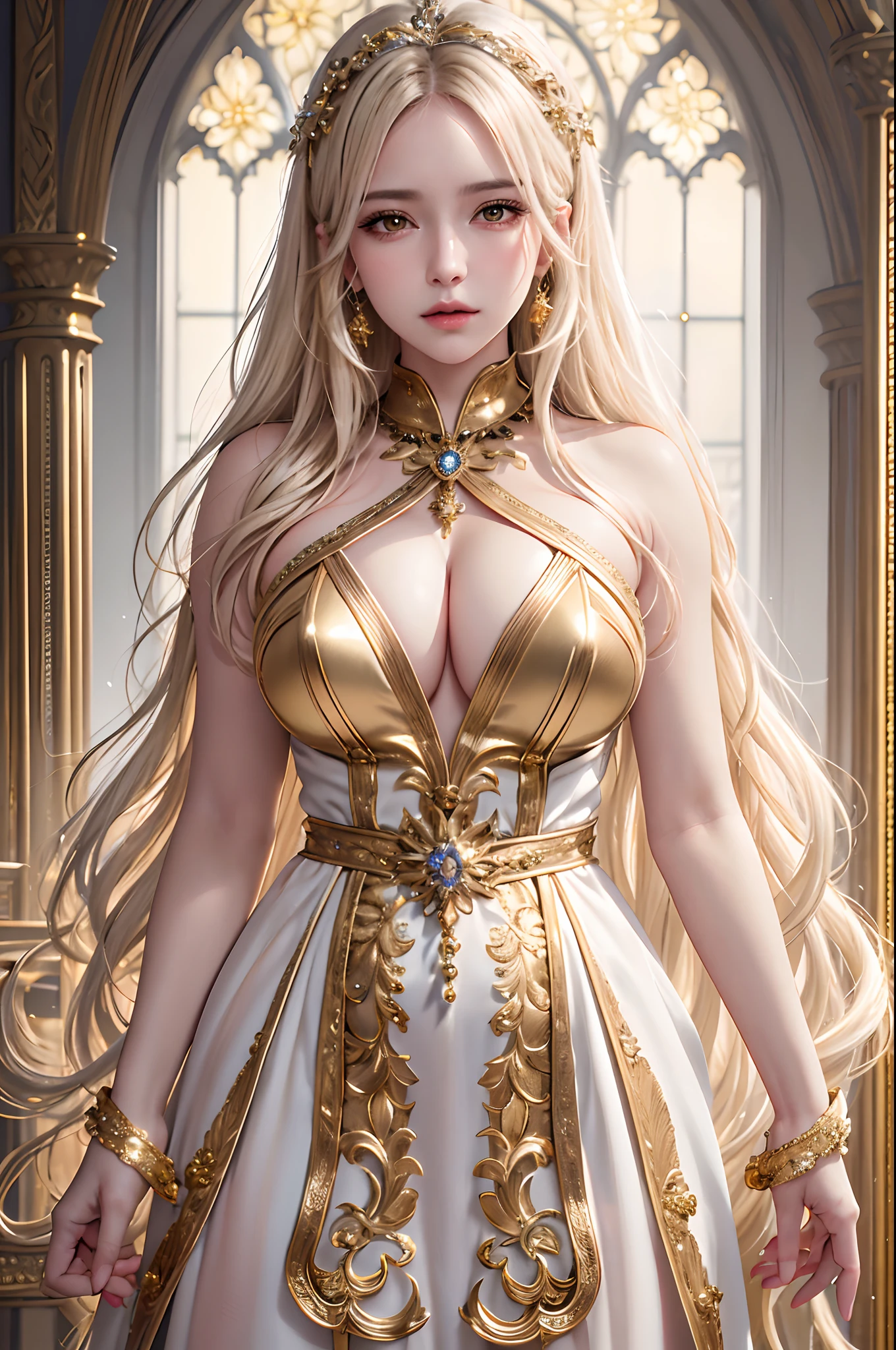 ultra detailed 8k cg,intricately details,Father's delicateness,jewelry,Pedras preciosas,gold,Golden,golden theme,Shiny,Reflectors,Sparkle,Blonde hair,yellow capelet,Yellow eyes,Rich,prestige,Gothic architecture,(Topless:1.1),