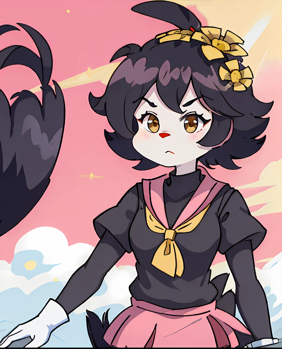 Dot Warner, 1girl, black sweater, pink skirt, furry, red nose, long ears, short hair, black hair, yellow flower, hair ornament, bangs, white gloves, body fur, long tail, black eyes, white feet, black and white fur, perfect anatomy, no shirt