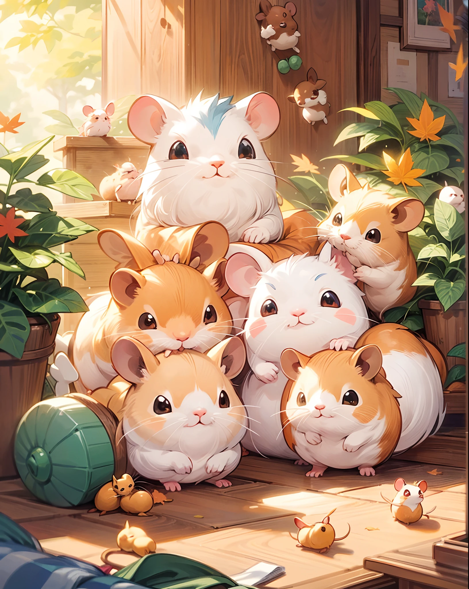 there are many hamsters that are sitting together in the sun, hamsters, maplestory mouse, cute mouse pokemon, cute digital art, cute detailed digital art, hamsters holding rifles, adorable digital painting, cute artwork, 🍁 cute, 4 k manga wallpaper, cute anime, hamster, cute detailed artwork, cute creatures, hd artwork, cute art style, lovely and cute