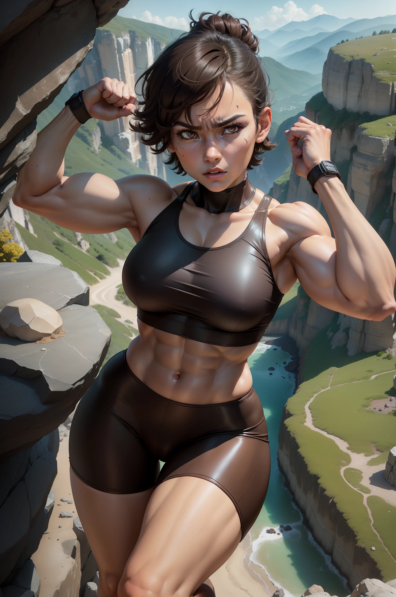 Geodude as female, ( female: 40yo, fit, short hair, muscular body, pair of muscular arms, hands up, ( face: brown eyes, brown lips, constantly annoyed ), (skin made of marble), climbing mountains, get furious, legs fade is darkness), viewed from above, Pokemon style