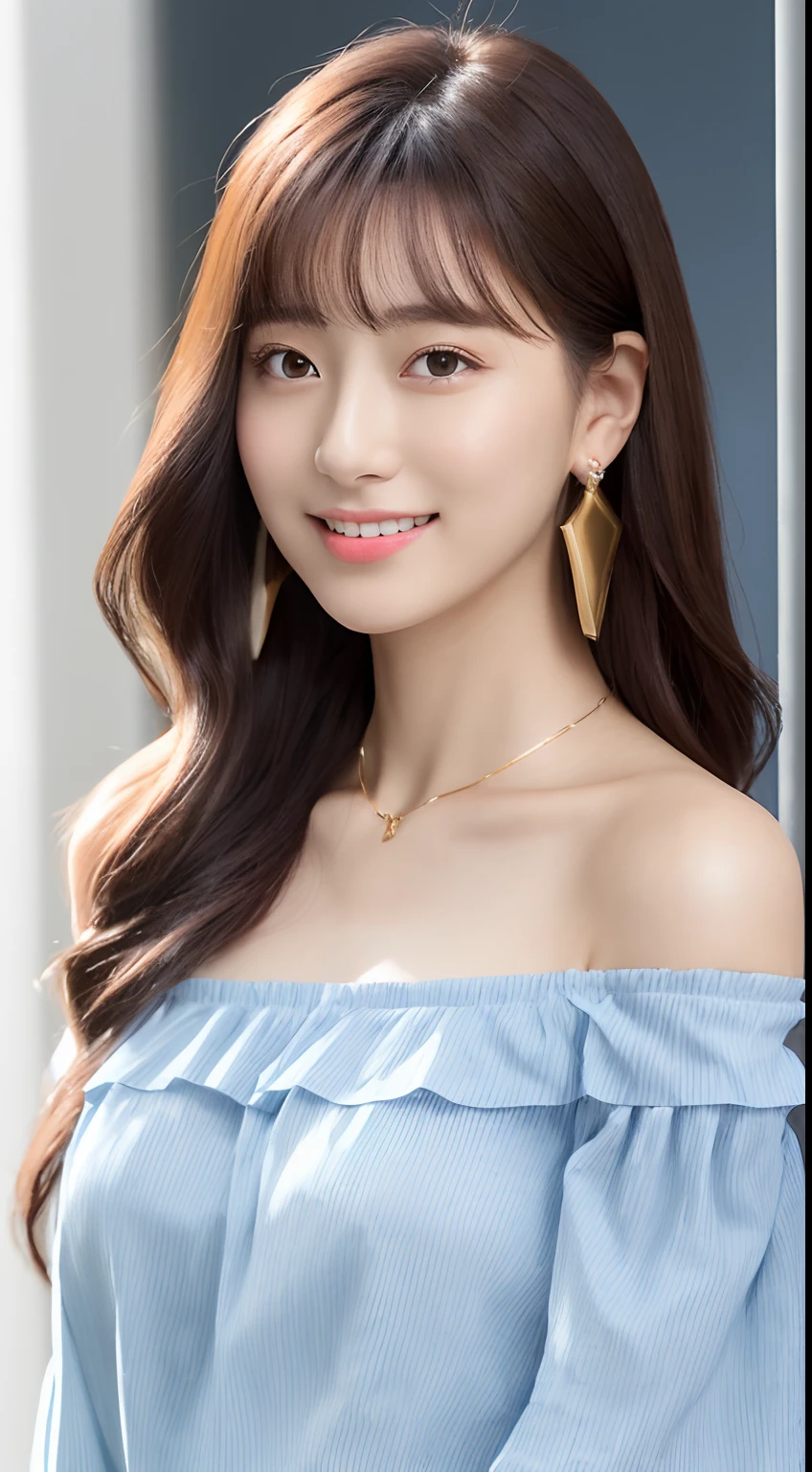 (masutepiece:1.3), High resolution, ultra-detailliert, the Extremely Detailed CG Unity 8K Wallpapers, Realistic, Photorealsitic, Raw photo, beautifull detailed face, pale skin, realistic glistening skin, Detailed Cloth Texture, detailed hair texture, Perfect Style, Beautiful face, acurate, Anatomically correct, Highly detailed face and skin texture, Natural Neck Length Break Detail Eyes, symmetrical eye, Brown eyes, Double eyelids, Thin eyebrows, (Sexy lips:1.3), (Happy smile:1.2), (blush:1.2) BREAK, ((a Innocent and cute girl:1.3)), ((Wearing an off-shoulder light blue blouse:1.4)),  (Gold Buckle Belt), (Skinny Jeans:1.2), (Cross Strap High Heels:1.2), (Necklace, Bracelet), (Thin hoop earrings), (Pinky Ring), (Beautiful blue nails:1.2), Layered hairstyle, (Brown hair:1.2), (Wavy Hair:1.2), Medium Long Hair, (Large breasts, firm breasts, nice shaped breasts:1.1), ((upperbody shot:1.2)), (Focus on Face:1.2), In the street,Japan Person Model、Young Sensual Gravure Idol、Young cute gravure idol、Realistic Young Gravure Idol、Realistic sensual gravure idol、Young gravure idols、sophisticated gravure idol、奈良美智、Young skinny gravure idol、beautifull asian girl ever、length hair、Longhaire、large udder