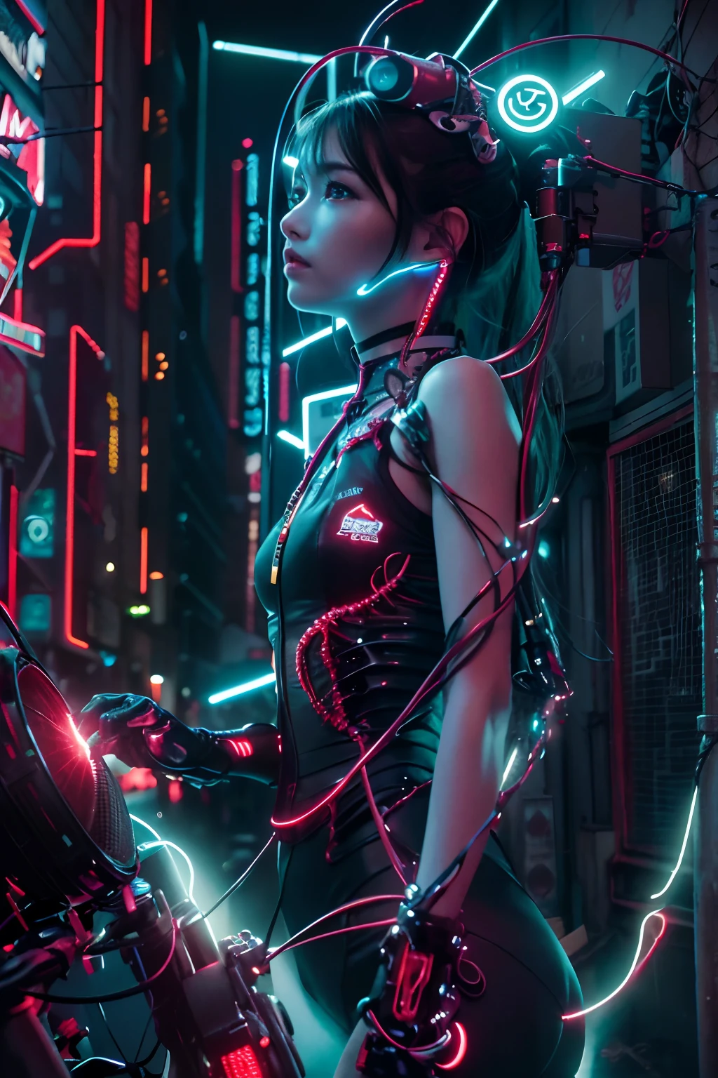 High resolution、8k、One beautiful girl、Future World、Cyberpunk City、Bodysuits、Colorful glowing neon、
