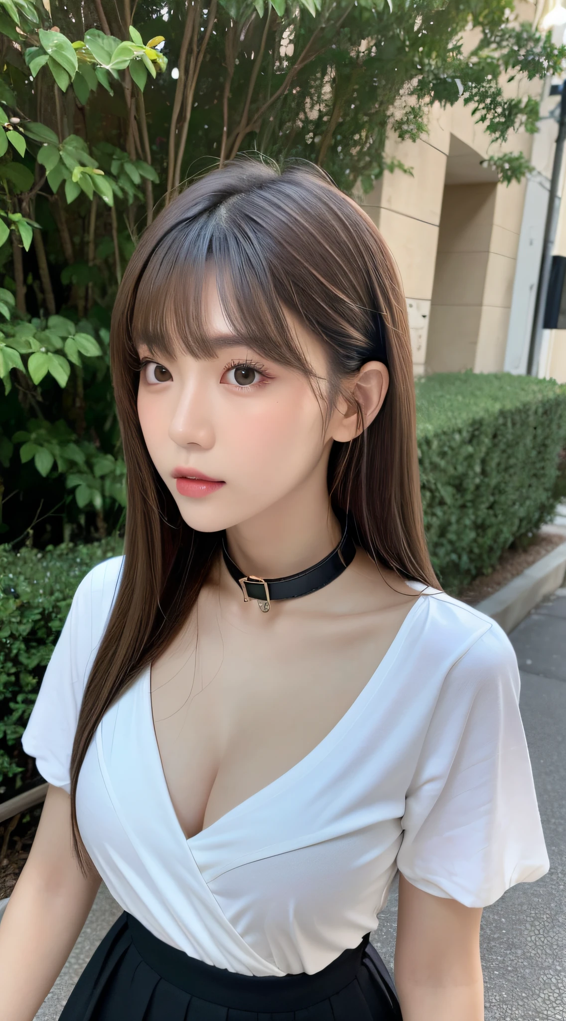 (Best Quality, 8K, masutepiece, Ultra HD: 1.3), 1girl in, small tits ,light brown hair, Blunt bangs, hair behind ear, hair over shoulder, Long hair, slender body shape, Ultra Fine Face, Delicate lips, Beautiful eyes, Double eyelids, lipsticks, thin blush ,Black eyes ,perfect glossy skin,flawless skin,fair white skin,perspiring,A gaze that invites you, Chest,Ultra-thin hands, Ultra-fine fingers, shirt with collar, tight skirts , beauty legs ,pumps. Park on the plateau、In the middle of a date