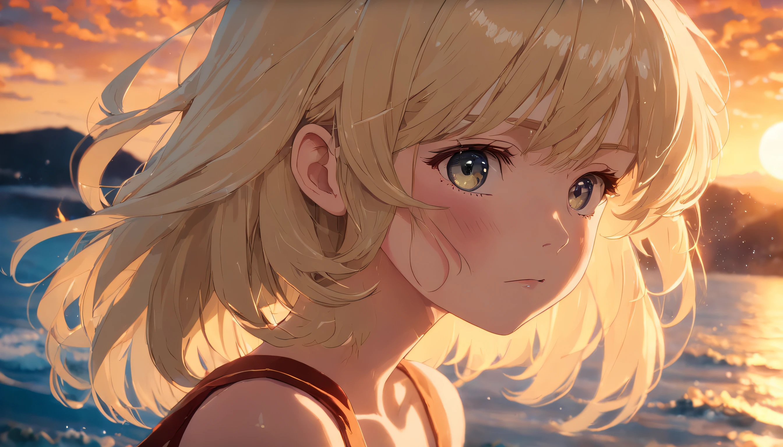 Blonde Beautiful Girl, tmasterpiece, best qualit, cinematic Film still from, 1girl, Cloud Girl, closeup cleavage, brightly, cheerfulness, Warm and soft lighting, the sunset, (spark of light:0.7), Have by the sea, star-shaped pupils, gradient eyes, cinematic lighting, 4K, best quality, 4K