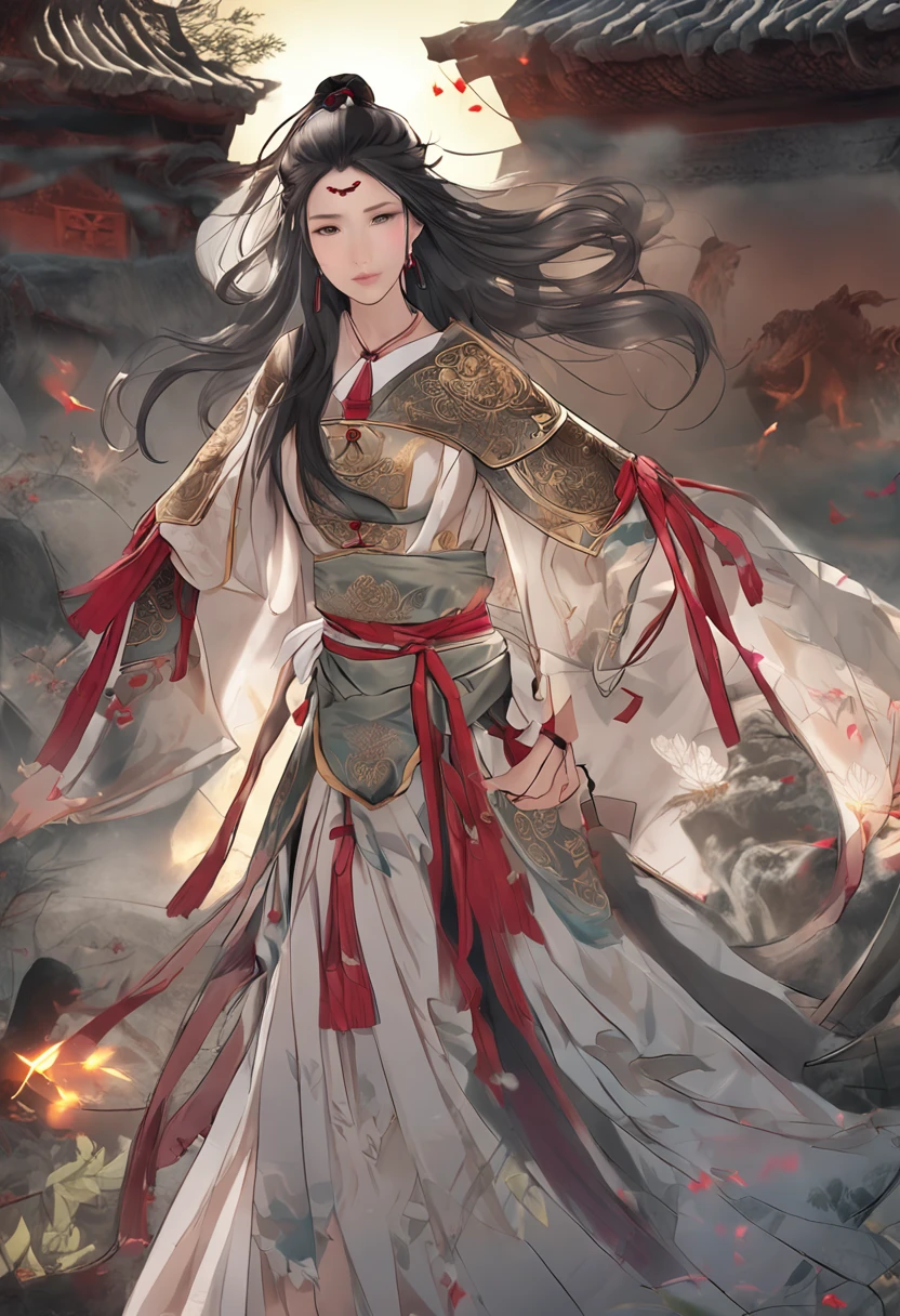 (tmasterpiece，High Picture Quality，Beautiful face，Oriental women，Eastern warriors，gallant woman，swordsmen，a matural female，Refined eye and facial details，Stand tall，Fairy-like appearance，Beautiful embryos，Light gauze like white，Cloth boots and over-the-knee stockings display，Hanfu，ancient wind，Light smoke and mist surrounds，Long black hair，Stunning beauty，Tallbody，Rich scene details，action，Wide buttock，Thick thighs)