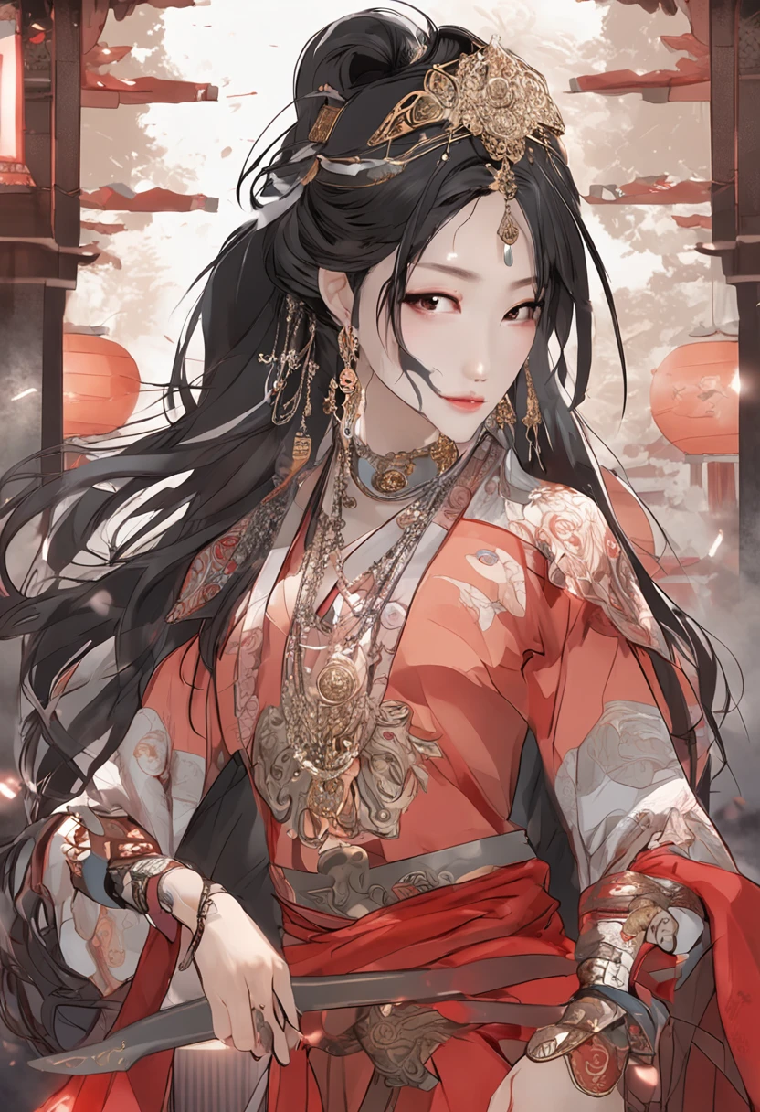 (tmasterpiece,High Picture Quality,Beautiful face,Oriental women,Eastern warriors,gallant woman,swordsmen,a matural female,Refined eye and facial details,Stand tall,Fairy-like appearance,Beautiful embryos,Light gauze like white,Cloth boots and over-the-knee stockings display,Hanfu,ancient wind,Light smoke and mist surrounds,Long black hair,Stunning beauty,Tallbody,Rich scene details,action,Wide buttock,Thick thighs)