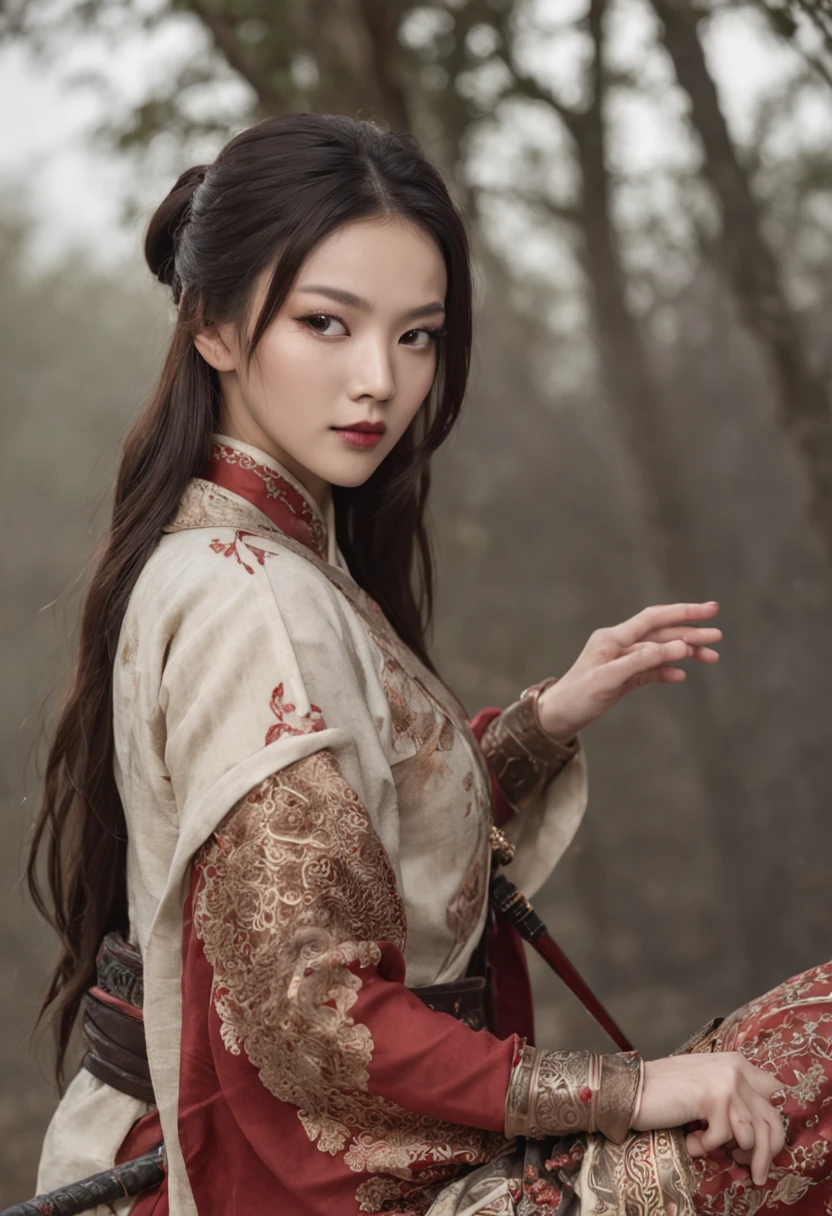 (tmasterpiece，High Picture Quality，Beautiful face，Oriental women，Eastern warriors，gallant woman，swordsmen，a matural female，Refined eye and facial details，Stand tall，Fairy-like appearance，Beautiful embryos，Light gauze like white，Cloth boots and over-the-knee stockings display，Hanfu，ancient wind，Light smoke and mist surrounds，Long black hair，Stunning beauty，Tallbody，Rich scene details，action，Wide buttock，Thick thighs)