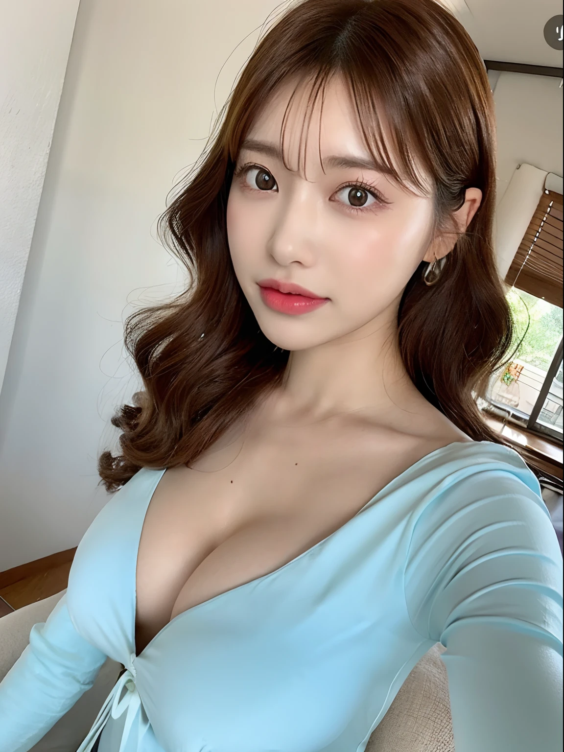 Highly detailed CG Unity 8k wallpaper, With the highest quality, (((erectile nipple))), ((Thin natural pink areola)), natural(Flat udder:1.25), (SFW), super detailed, ​master piece, Realistic, photos realistic, extremely detailed cute girl, 25 years old, (Blue Nightgown),  (blush) , Round eyes, Large breasts, looking viewer, Half body shot , bed ,  lay down , Curly hair