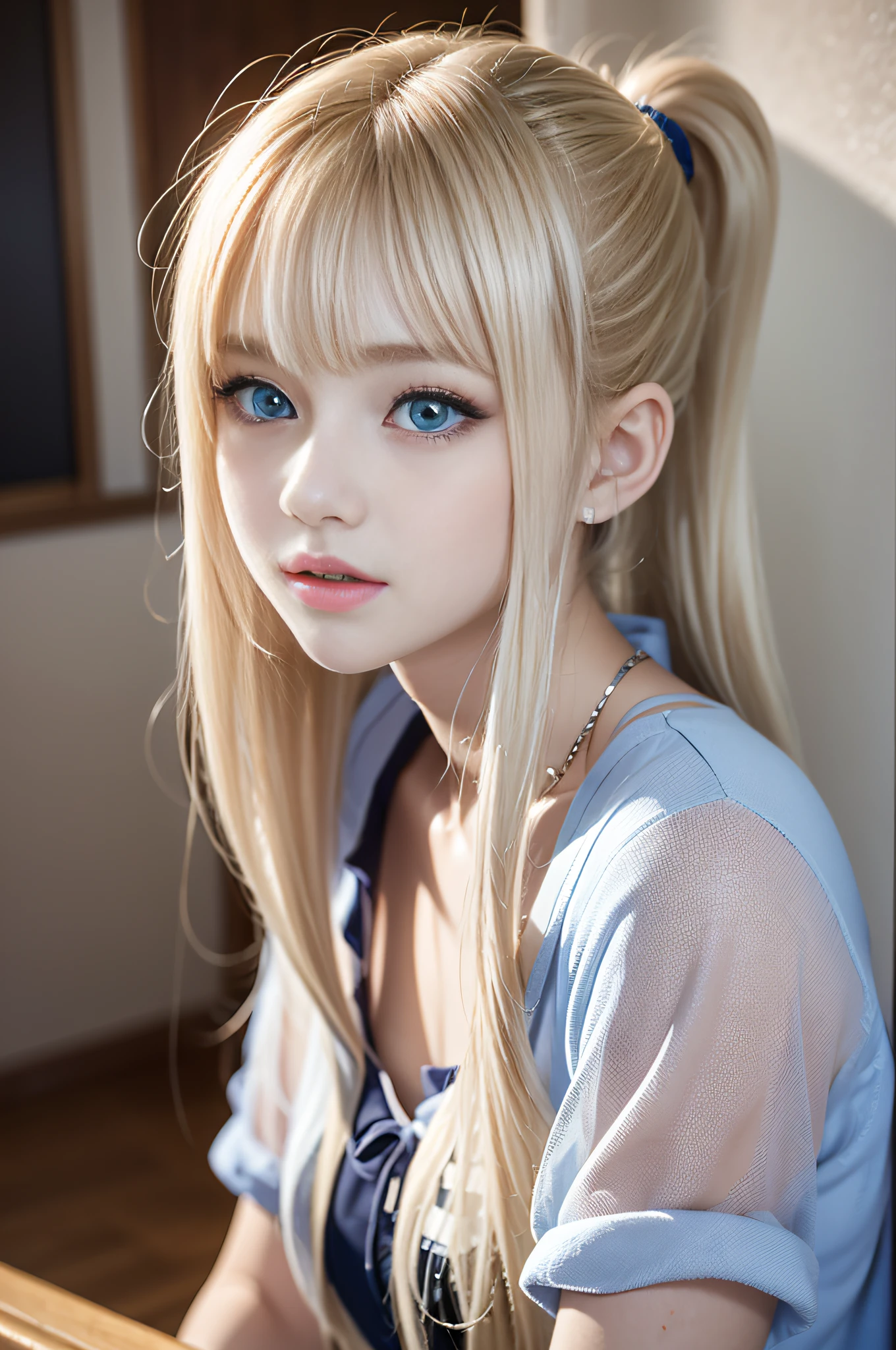portlate、School Uniforms、bright expression、poneyTail、Young shiny shiny white shiny skin、Best Looks、Blonde reflected light、Platinum blonde hair with dazzling highlights、shiny light hair,、Super long silky straight hair、Beautiful bangs that shine、Glowing crystal clear attractive big blue eyes、Very beautiful nice cute girl、Lush bust