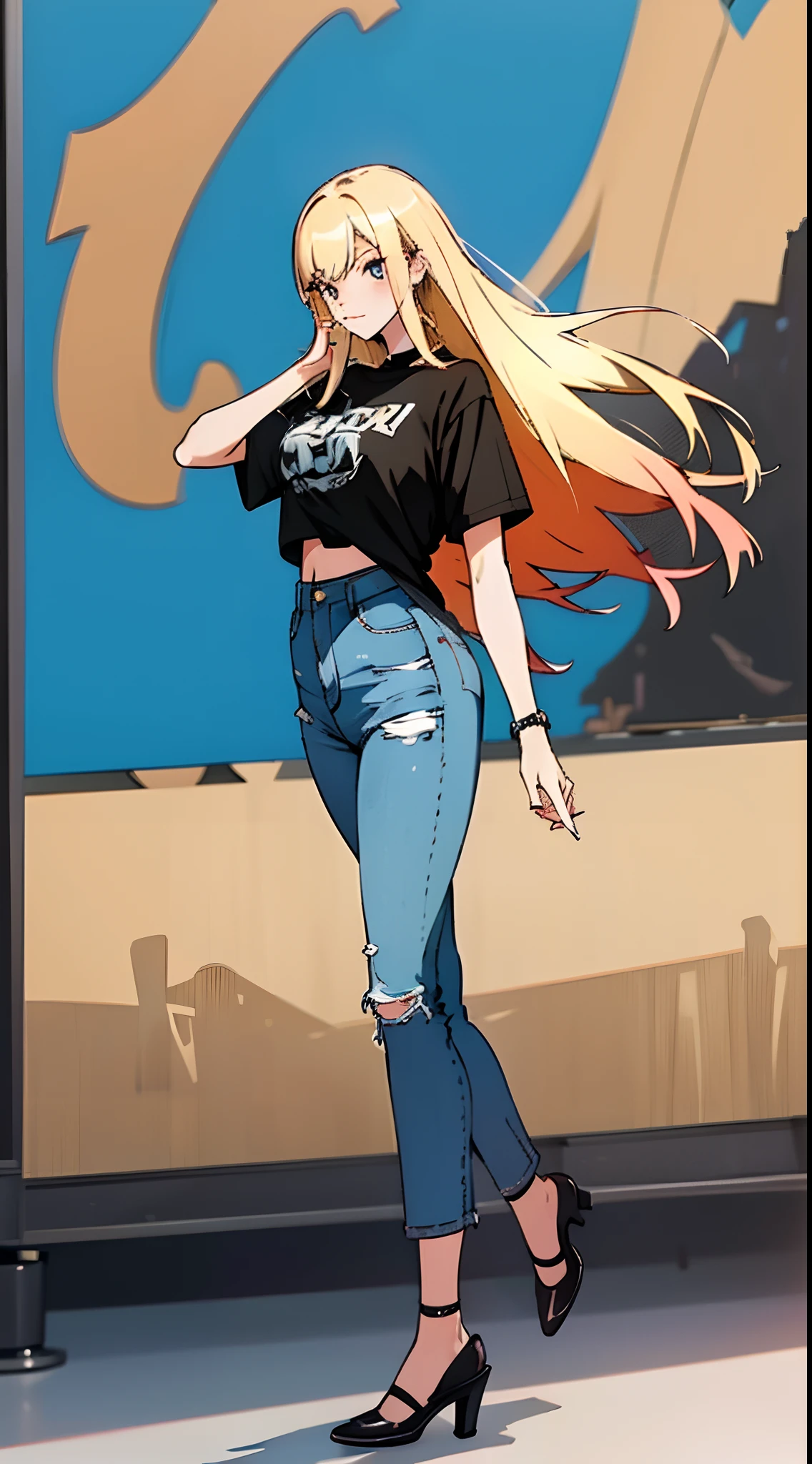 Hellblau Jeans Hose, eng anliegendes schwarzes T-Shirt, seitlich kleiner sichtbarer Brustansatz, voluptuous bust size. Blonde Haare