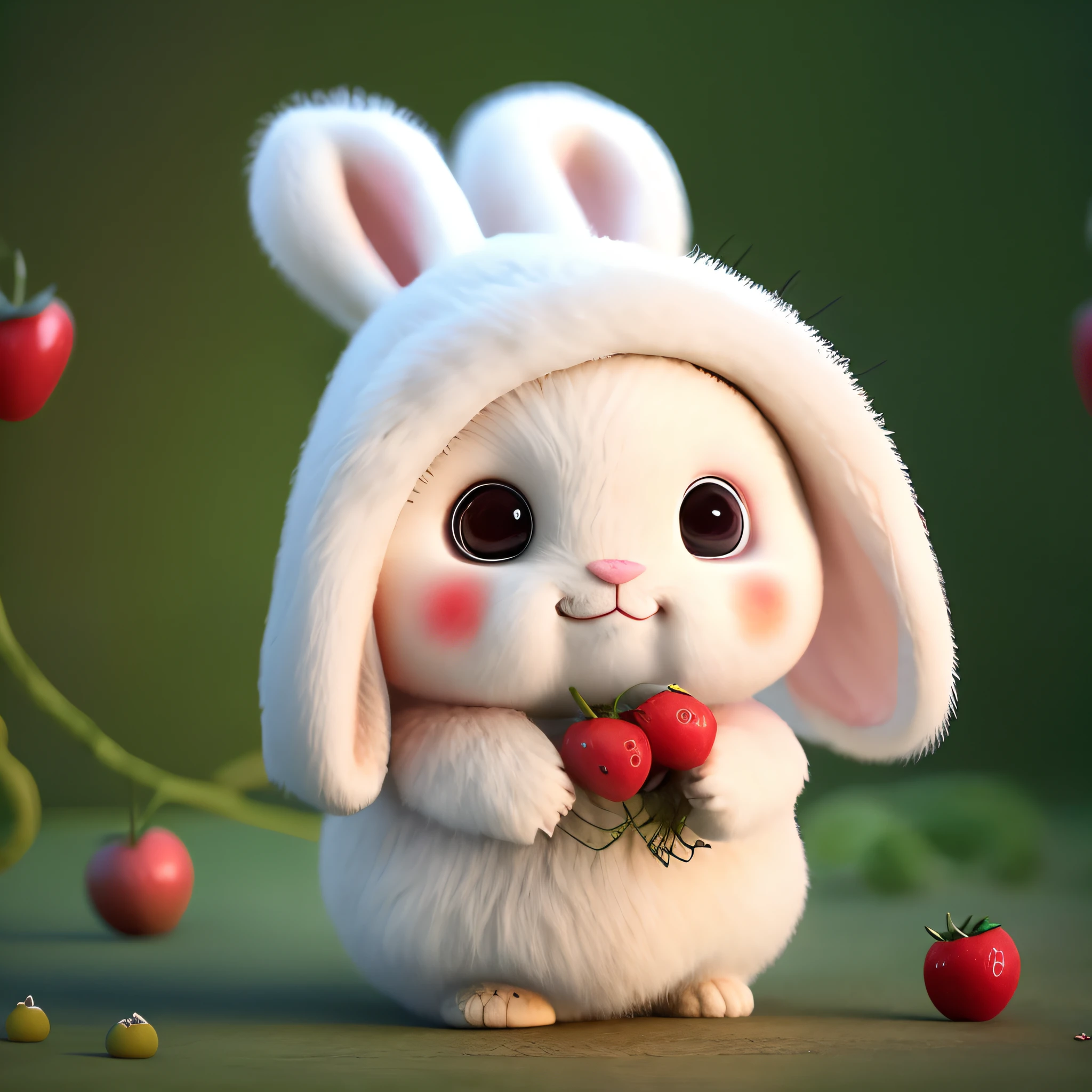 : 3. Rabbit, realistic, hairy, clothed animal, apple, dark circles, blush, cherry, food, fruit, full body, hat, non-human, strawberry, tomato, watermelon