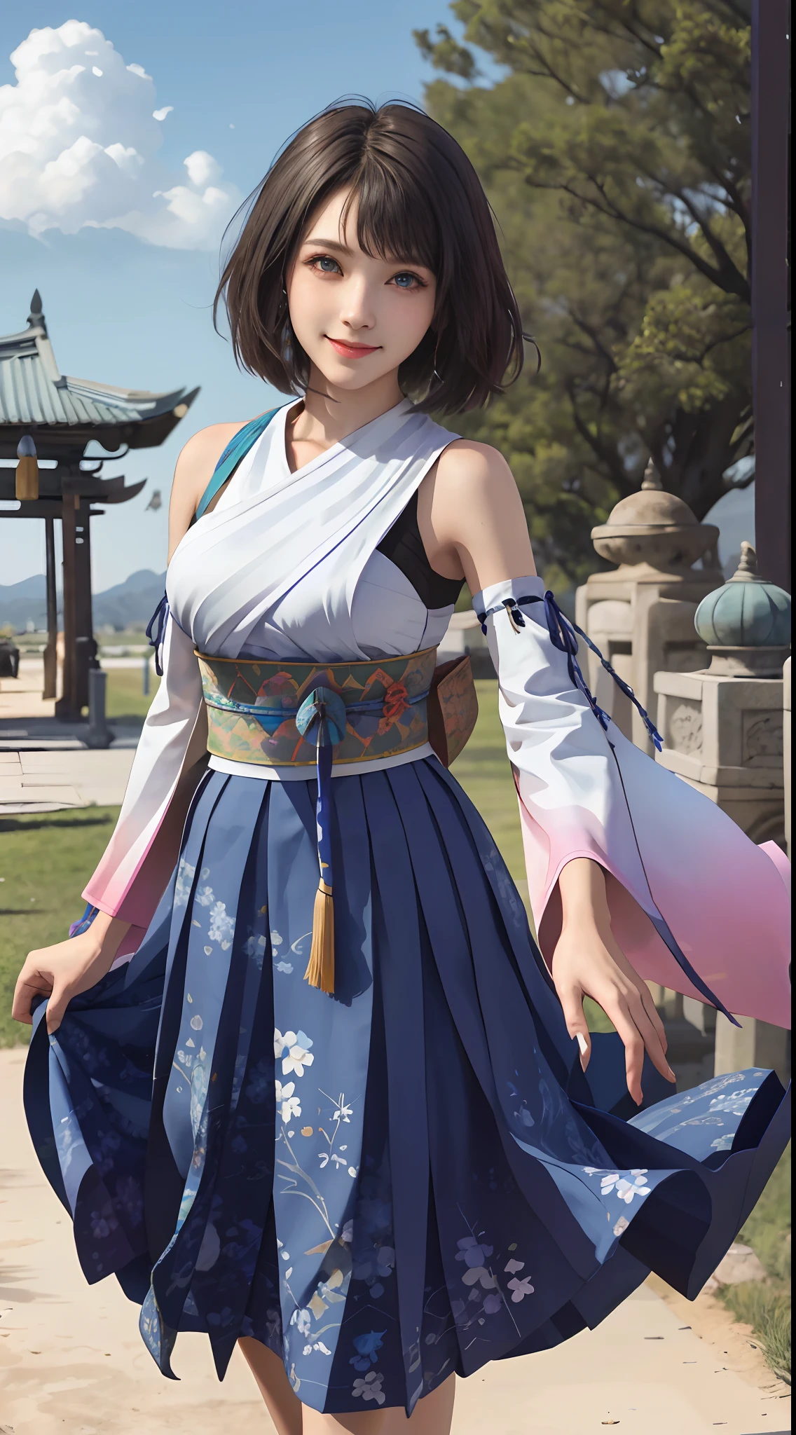 Masterpiece, Best quality, absurderes, Perfect anatomy, 1girll, Solo, YunaFFX, Heterochromia, Short hair, YunaOutfit, hair adornments, Detached sleeves, hakama, sash, Hakama skirt, Long skirt, Cowboy shot, Smile,