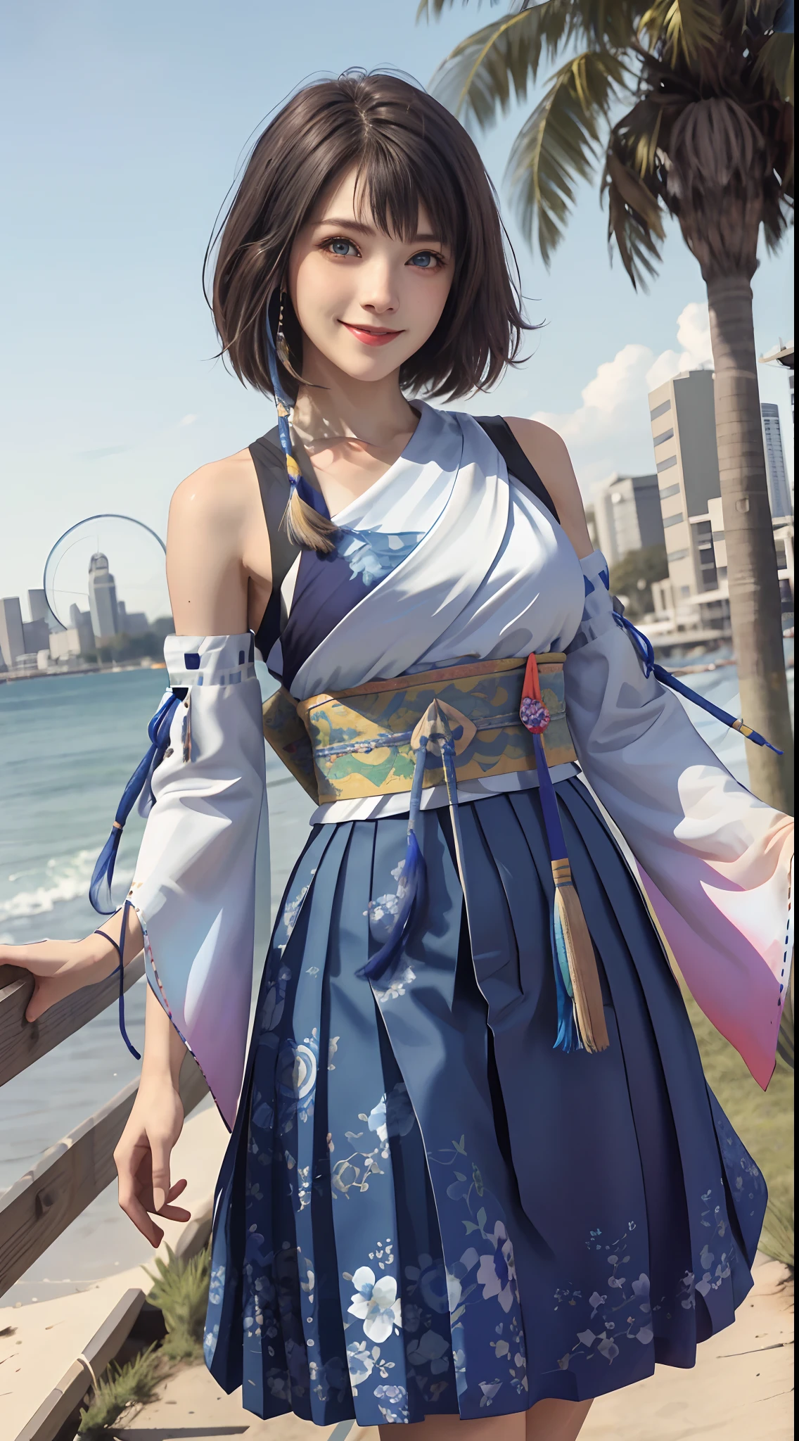 Masterpiece, Best quality, absurderes, Perfect anatomy, 1girll, Solo, YunaFFX, Heterochromia, Short hair, YunaOutfit, hair adornments, Detached sleeves, hakama, sash, Hakama skirt, Long skirt, Cowboy shot, Smile,