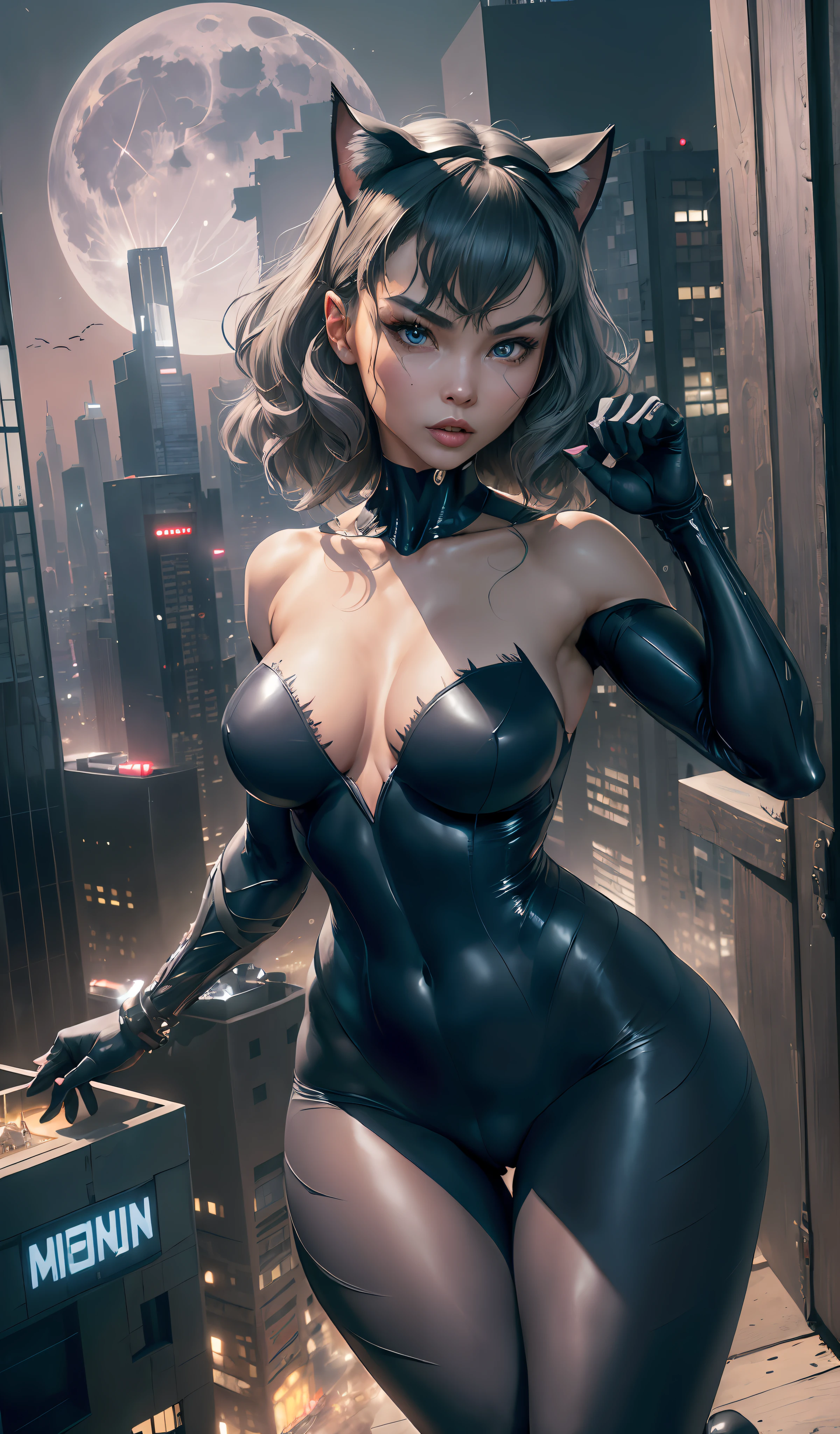 (​masterpiece、4K resolution、A hyper-realistic、ighly detailed)、(Black Superheroes theme、Charisma、There is a girl in a Catwoman costume above the town、She's a superhero)、 [((25-years old)、(Long grey hair:1.2)、full body Esbian、(blue eyess:1.2)、((Catwoman Pose)、show of strength、Jump from one building to another)、((Sandy urban environment):0.8)|(A city scape、natta、Dinamic Light)、(fullmoon)]#illustrate:Prompts are mainly ultra high definition、very real、Describes highly detailed 4K paintings。A superheroine in a Catwoman costume is depicted at the top of the city。The photo theme is a black superhero theme。