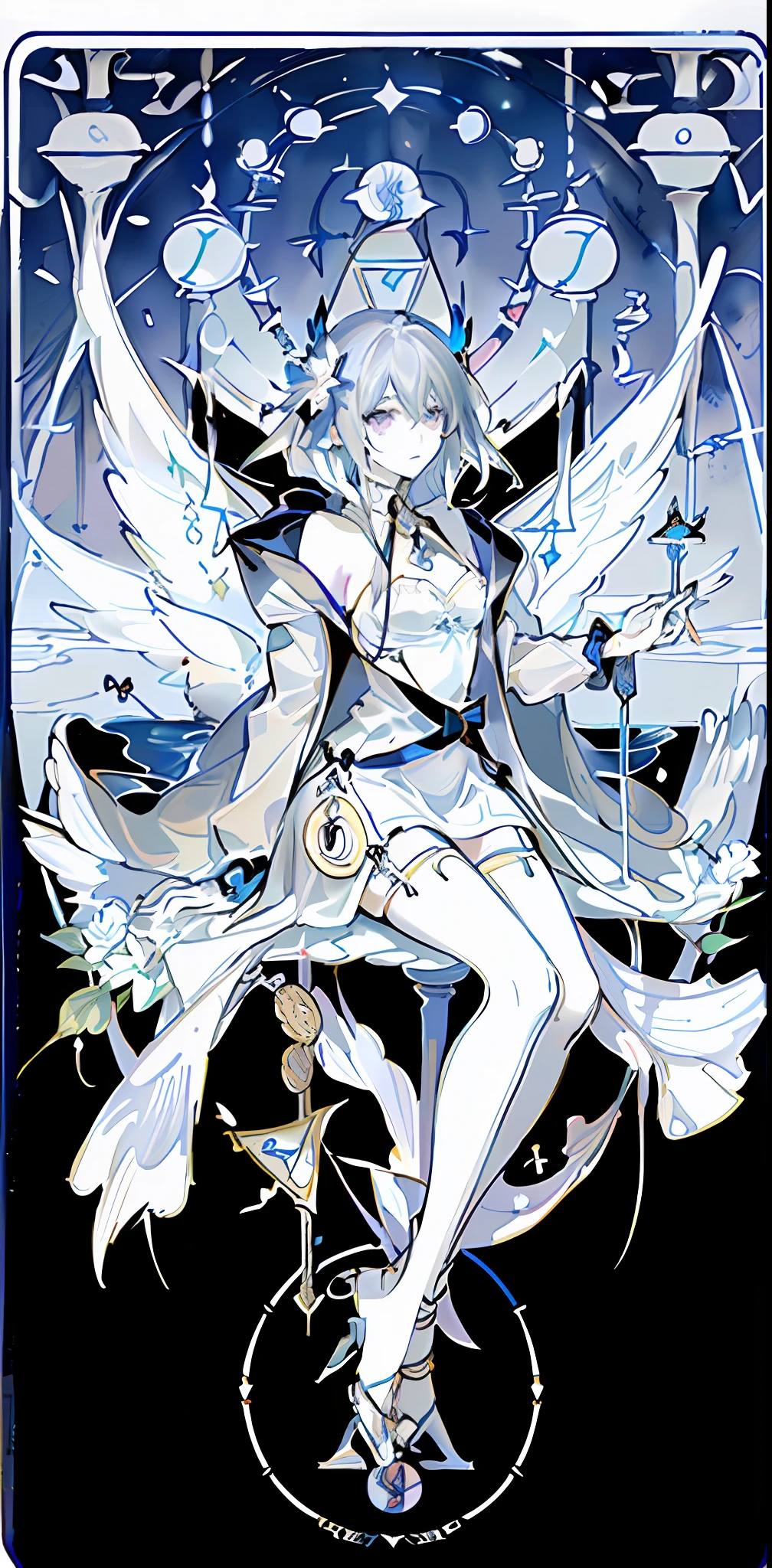 (the golden ratio:1.2),(Rose graffiti:1.2),(Fault color:1.3),[(White background:1.4)::10],(full bodyesbian:1.2),(ultradetailed:1.3),(tarot cards:1.6),(magestic(tarot cards):1.6),(Paper:1.2),(faeries:1.6),(Fairy wings:1.2),full bodyesbian,Dangling,(mizore:1.2),(Long white hair),(Purple eye),(Jewelry hair accessories),(Floral hair ornaments:1.0),((sandals,medalion)),(Colorful cocktail dress:1.0)+(Black dress)+(Loose-fitting sleeved jacket:1.3)+(Fluttering colored tassels and ribbons:1.2 ),(White stockings:1.2),(Colored ink paper flowers:1.2),(Sea of colorful flowers:1.3),(Chaotic geometry:1.3),(Negative space:0.8),(Drawing board:1.3 ), (Etheric color ink flows:1.3)