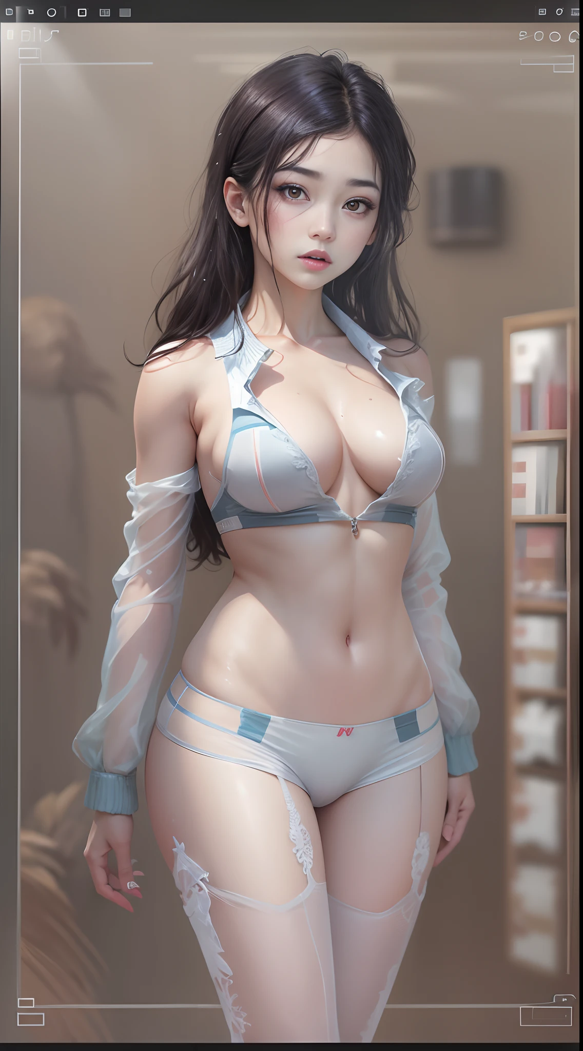 ultra - detailed，tmasterpiece，highest  quality，A high resolution，front body，Details maniac，8K level quality， High- sharpness， high high quality， 详细的脸， Detailed body limbs，1girll， 独奏， Hinata Hinata， Hinata sleeveless clothing，Beds， sleeveless shirts， Fishing net clothing， Dark lips， Unzipped jacket， no brassiere，with no underpants， Exposed breasts， Be red in the face，White tights， see-through transparent clothes，Exposed pubic hair，Camel fingers，Functional style，Extreme upper breasts，Extreme female body((high qulity)), ((tmasterpiece)), 8K,Drenched，See-through installation，Camel fingers，Lifelike,Get wet，Wet thin thread thong panties，Almost naked，NSFW，Panties transparent，Delicate details，thin line thong panties，A masterpiece， best qualtiy，whaite hair，Very detailed wallpaper，Very detailed CG，Bare pubic hair，Transparent packaging，white stockings，Photoreality，8K level quality，Perfect artwork，Ultra-detailed rendering，A high resolution，Precise details，high light，hyper HD，Ultra high quality，Delicate face，Detailed body limbs，1girll，独奏，High fork long sleeves， Exposed breasts， Be red in the face， high light， Excellent breasts， Fit your body，Fairy air fluttering，
