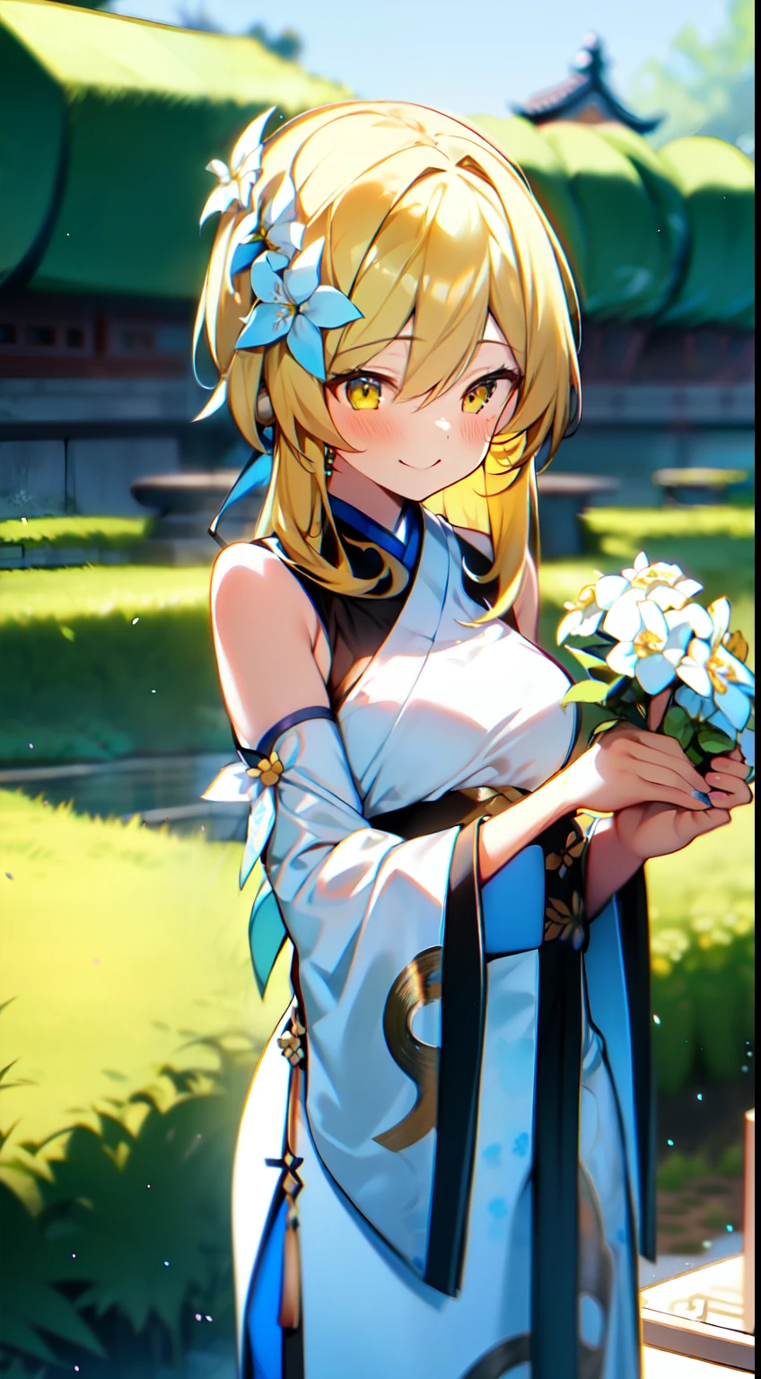 Masterpiece, Best quality, 8K, 1girl, Solo, Exquisite hands, Yellow hair, Yellow eyes, Traditional Chinese ink painting style, Traditional Chinese Clothing, Smile, holding white flowers in one hand, blinking
 garden, blue sky, white flower sea, lumine, genshin impact