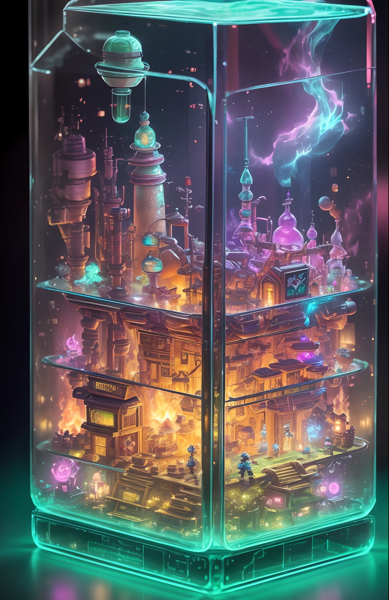 ((final fantasy 7 remake aerith)),aerith in glass bottle,view close up aerith,a retro style miniature store in a glass container, in the style of neon-infused digitalism, kawaii art, michal karcz, chaotic forms, technological design, soft color blending, toy-like proportions,in the fireplace --auto --s2