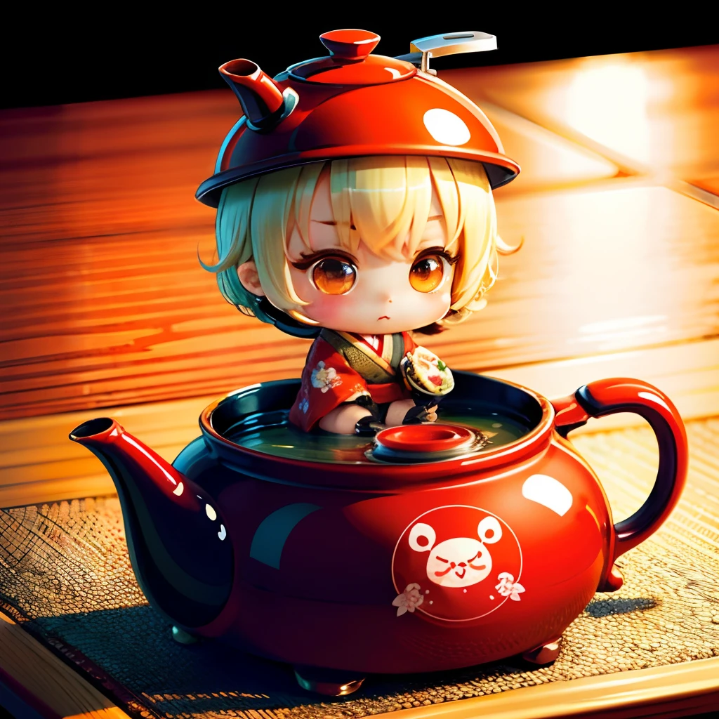 Cute chibi anime sitting in a teapot, wear red kimono, drink tea, logo