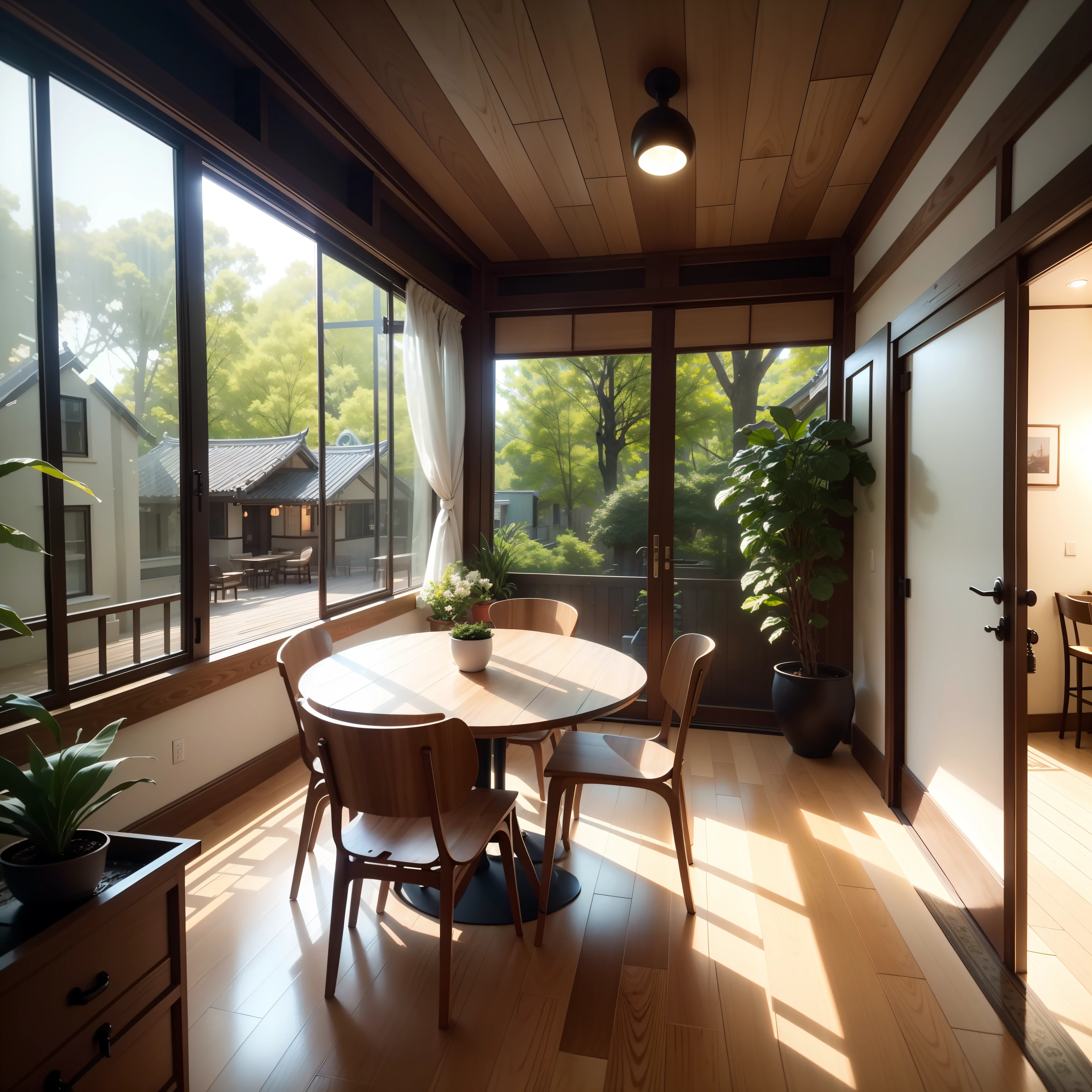 interior design、Insanely detailed wide-angle architectural photo、Cozy contemporary living room、(Bright and warm sunlight 1:0.1)、Award-winning contemporary interior design、landscapes、The table、a chair、in a house、Wooden flooring、window、resturant、east asian east asian architecture、sliding paper doors、abajour、architectural、the woods、naturey、cups、a plant、interior design、Insert lighting and shadows、depth of fields、low illuminance