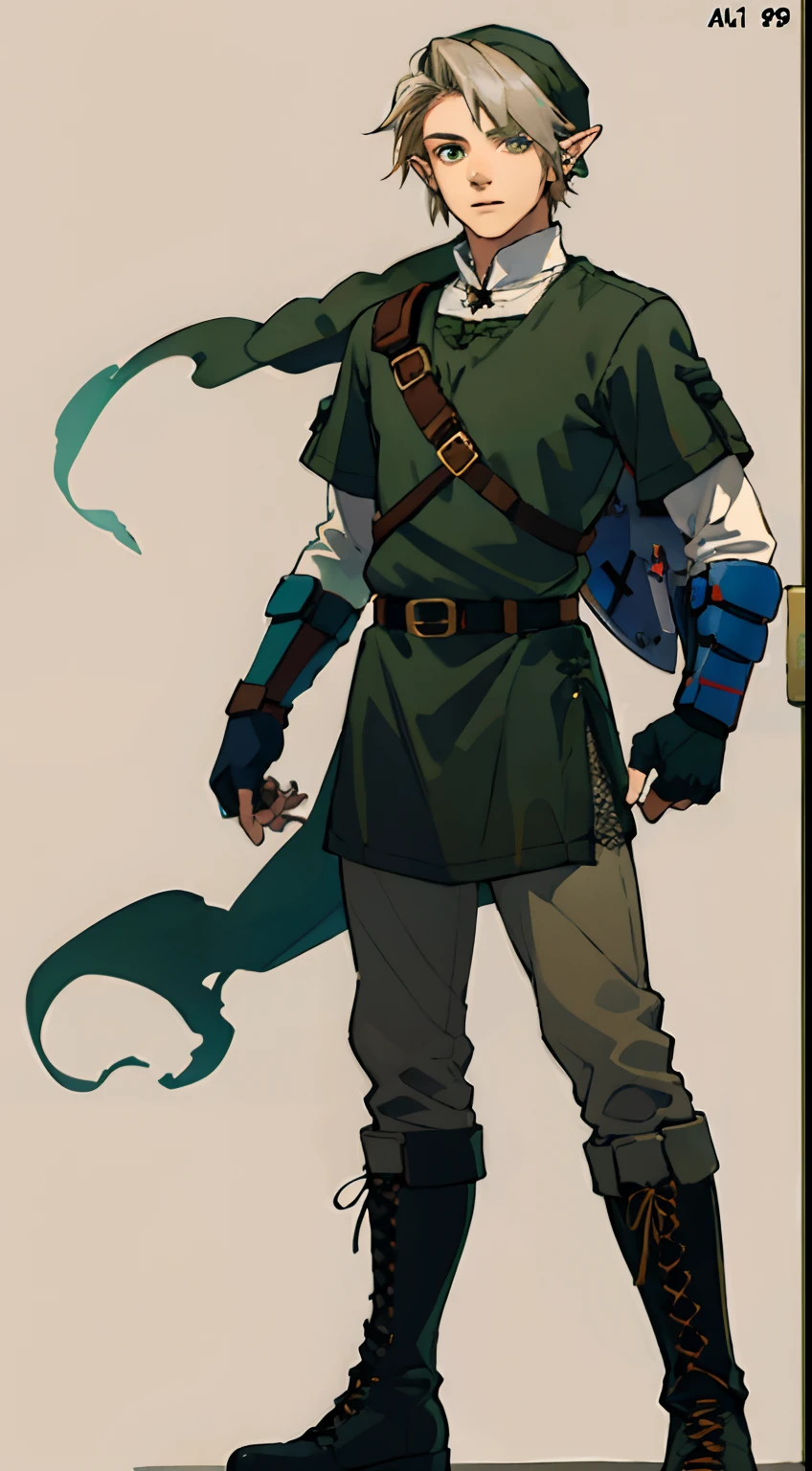 a 19-year-old boy, 1 boy,  solo, blonde short hair parted in the middle, man's short hair, without a beard, without a goatee, no facial hair, silver and dark green colored medieval knight armor, dark green clothes, war, battlefield, link,(combat boots), gloves(muscular:0.4), (beige pants)