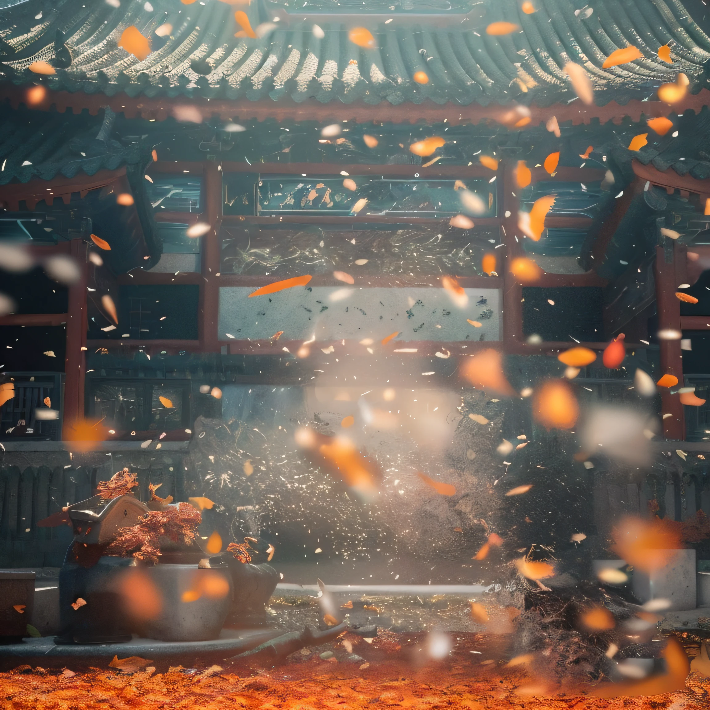 There are a lot of fallen leaves in front of the building, Fire particles in front, japanese vfx, Magical particles in the air, highly detailed vfx scene, hyper - realistic vfx render, beeple. hyper photorealism, cinematic beeple, Fire particles, Particle explosions, hyper - realistic vfx render, Particles are flying, Epic VFX shots, cinema 4d cinematic render