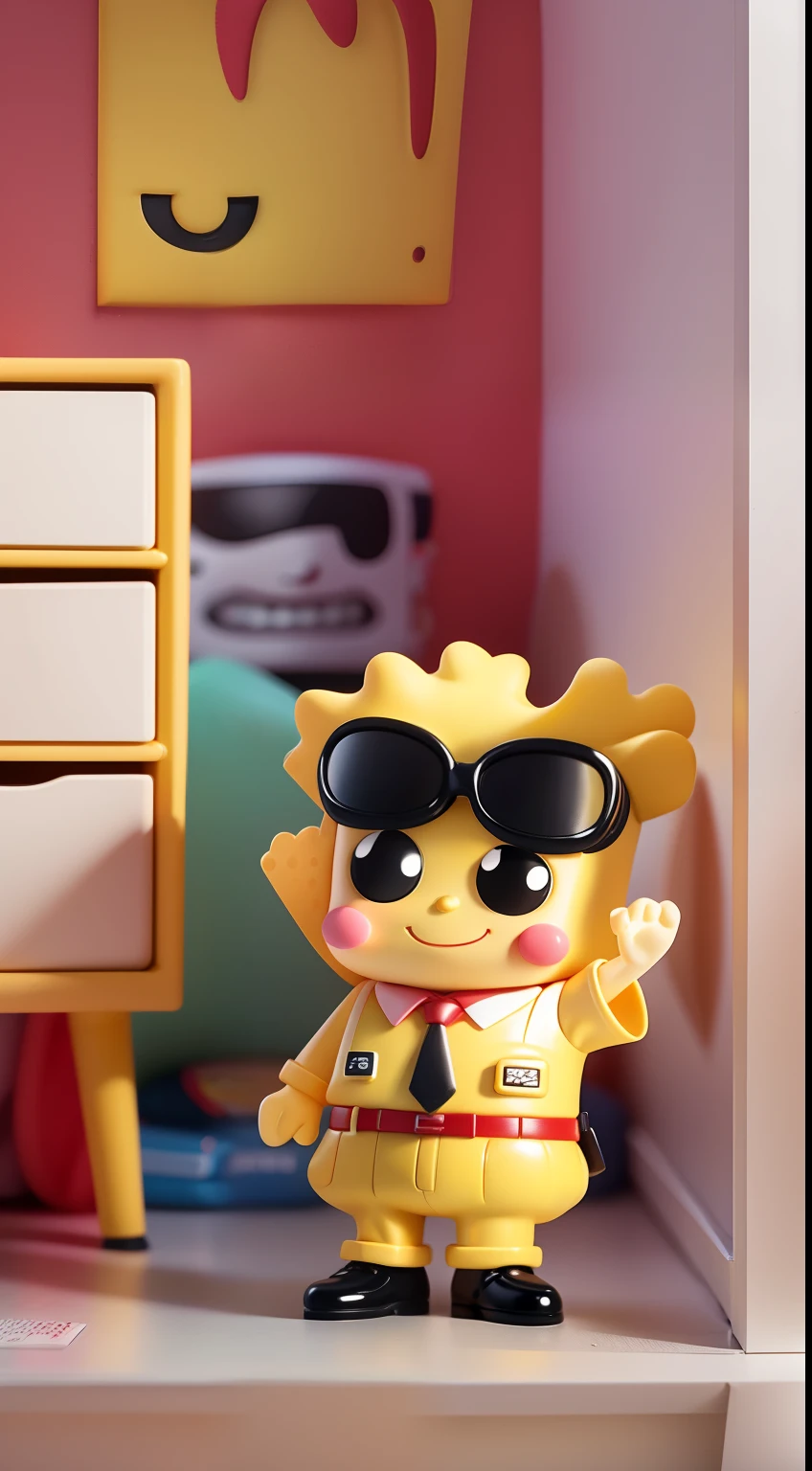 Blind box toy style,SpongeBob SquarePants wears a red tie,Wear a white shirt,Yellow pants,Black leather shoes, spongy, SpongeBob, Smile happily, cartoon character,
