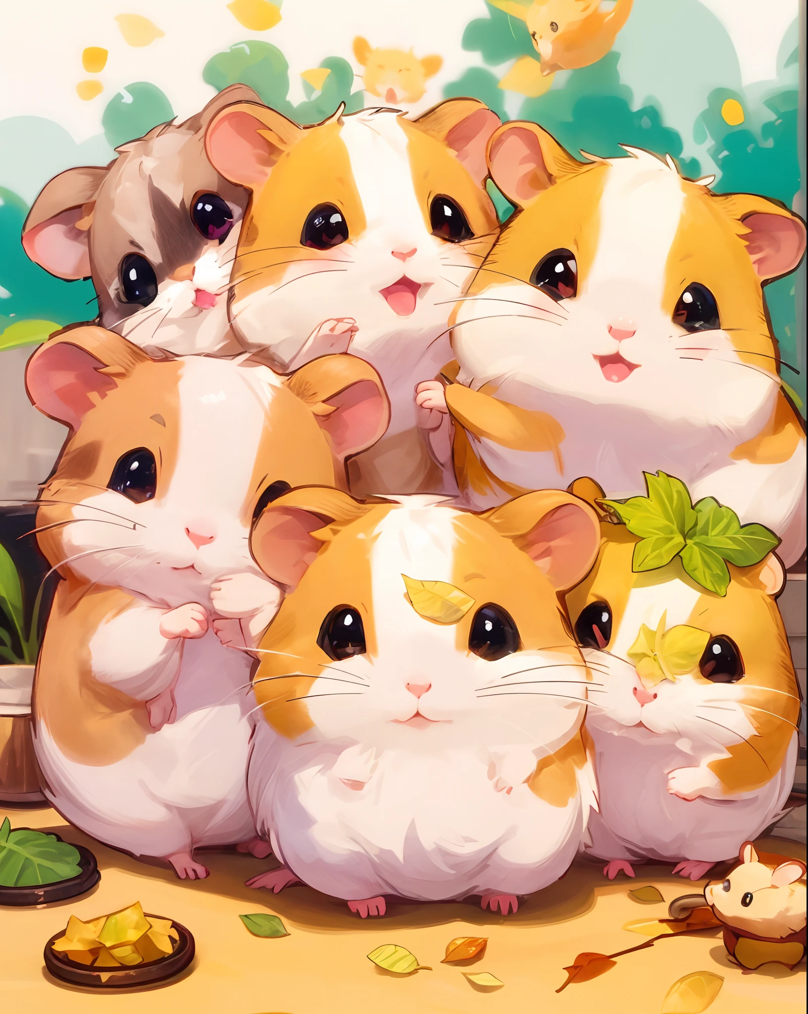 there are six cute hamsters sitting together in a pile with a leaf, hamsters, hamsters holding rifles, hamster, maplestory mouse, cutecore, photo of a hamsters on a date, 🐿🍸🍋, cute creatures, cute animals, cute mouse pokemon, awwwww, cute digital art, cute artwork, wallpaper!, cute girls, cute faces