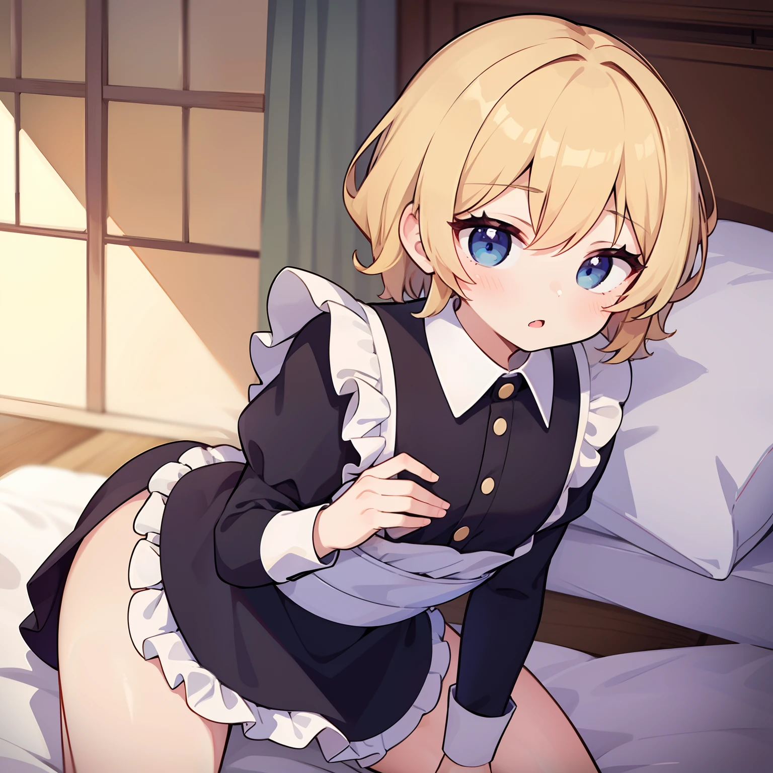 superfine illustration,Animated,1boy,man,Man's,lewd expression,Women's clothing,maid clothes,Sexy,gay,sexual ,pleasant sensation,intensely,all-fours,confinement,Yaoi,bed,perspiring,barechested,heart on eyes,Guy,man,Man's,Short hair,Curly hair,Parted bangs,Blonde hair,Blue eyes,White skin,