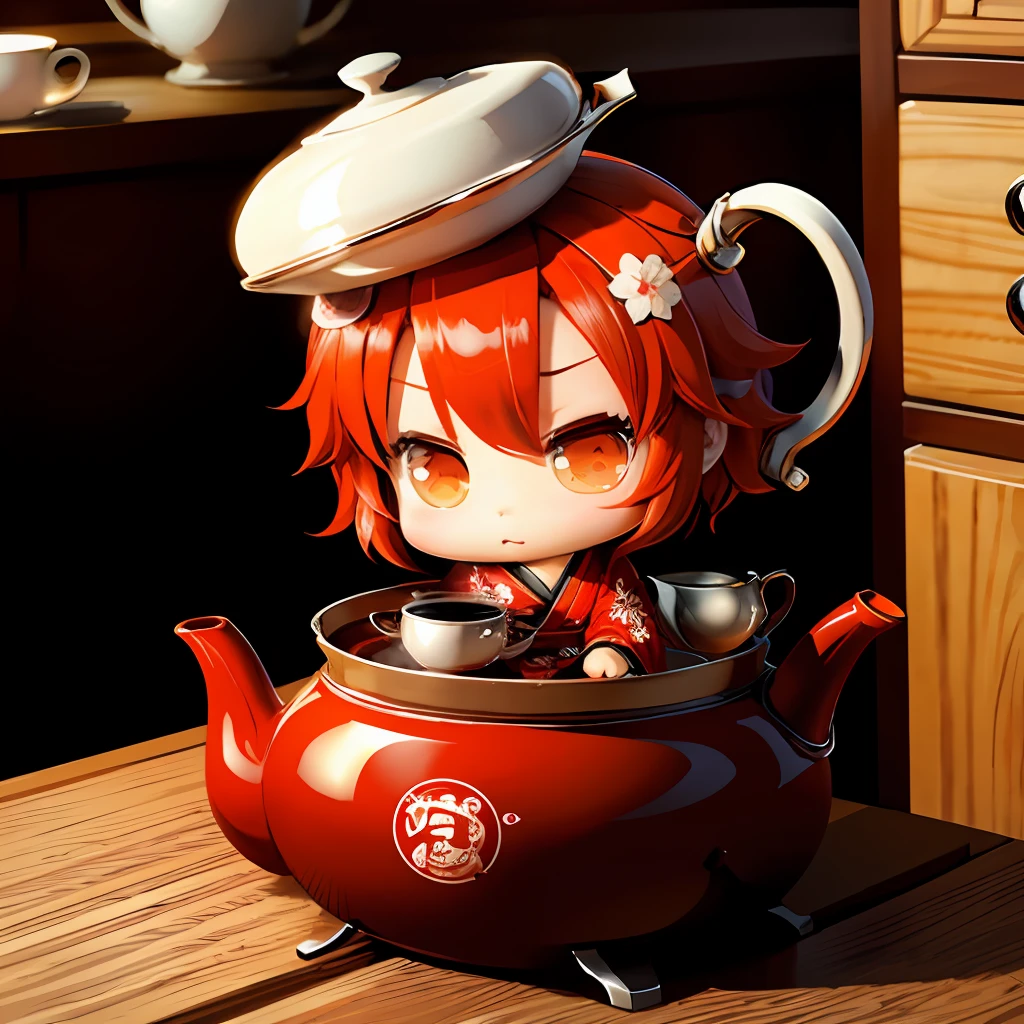 Cute chibi anime sitting in a teapot, wear red kimono, drink tea, logo