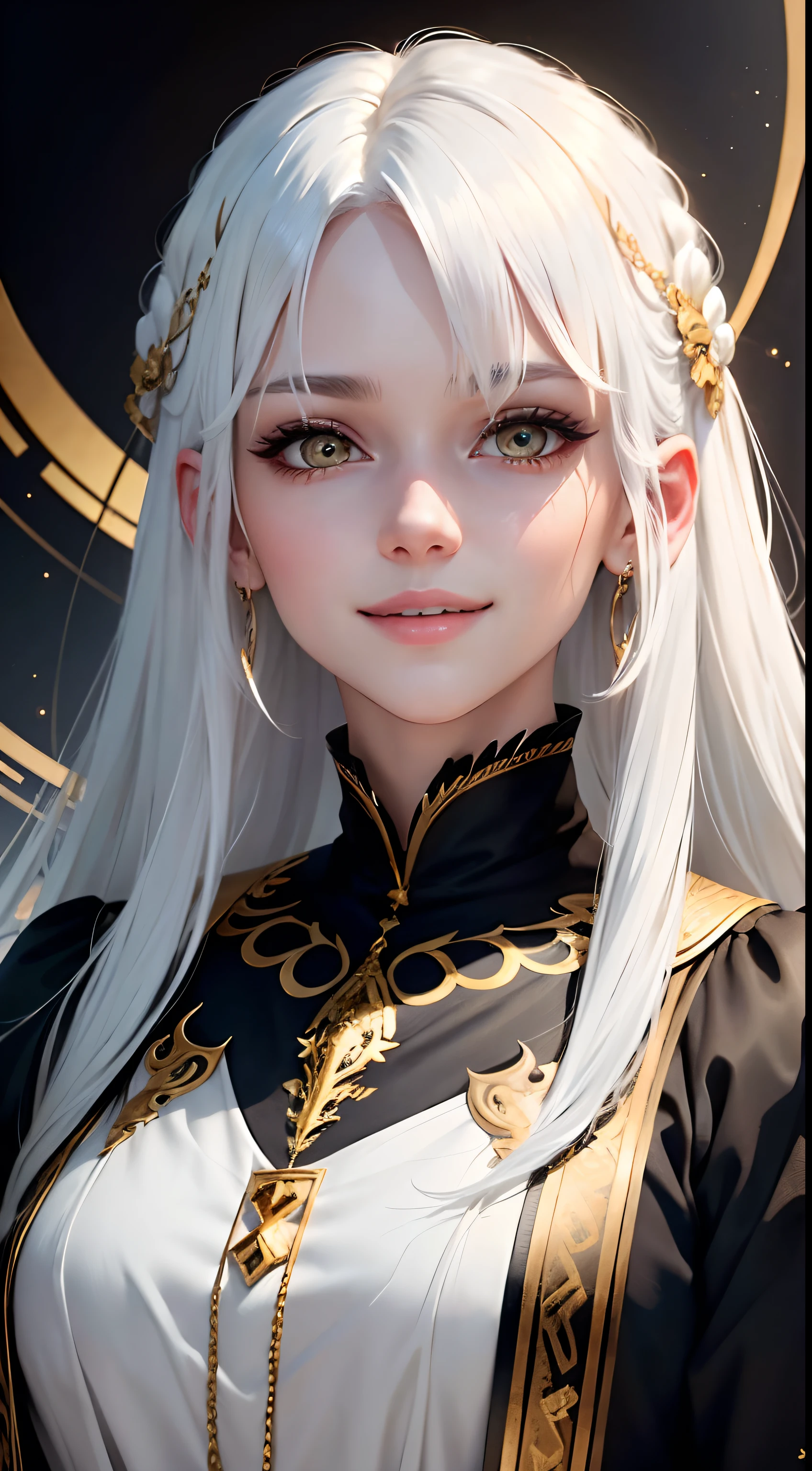 best quality, white hair, gold eyes, black clothes, looking up, upper body, hair strand, Fair skin, smiling